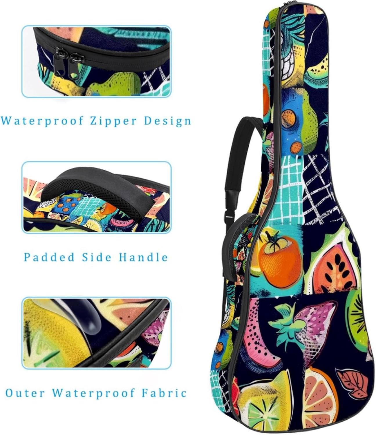 Acoustic Guitar Gig Bag 1 cm Thick Padding, Waterproof Electric Guitar Bag 40-42 Inch Guitar Case Backpack with Dual Shoulder Strap, Colorful Fruits Seamless Pattern