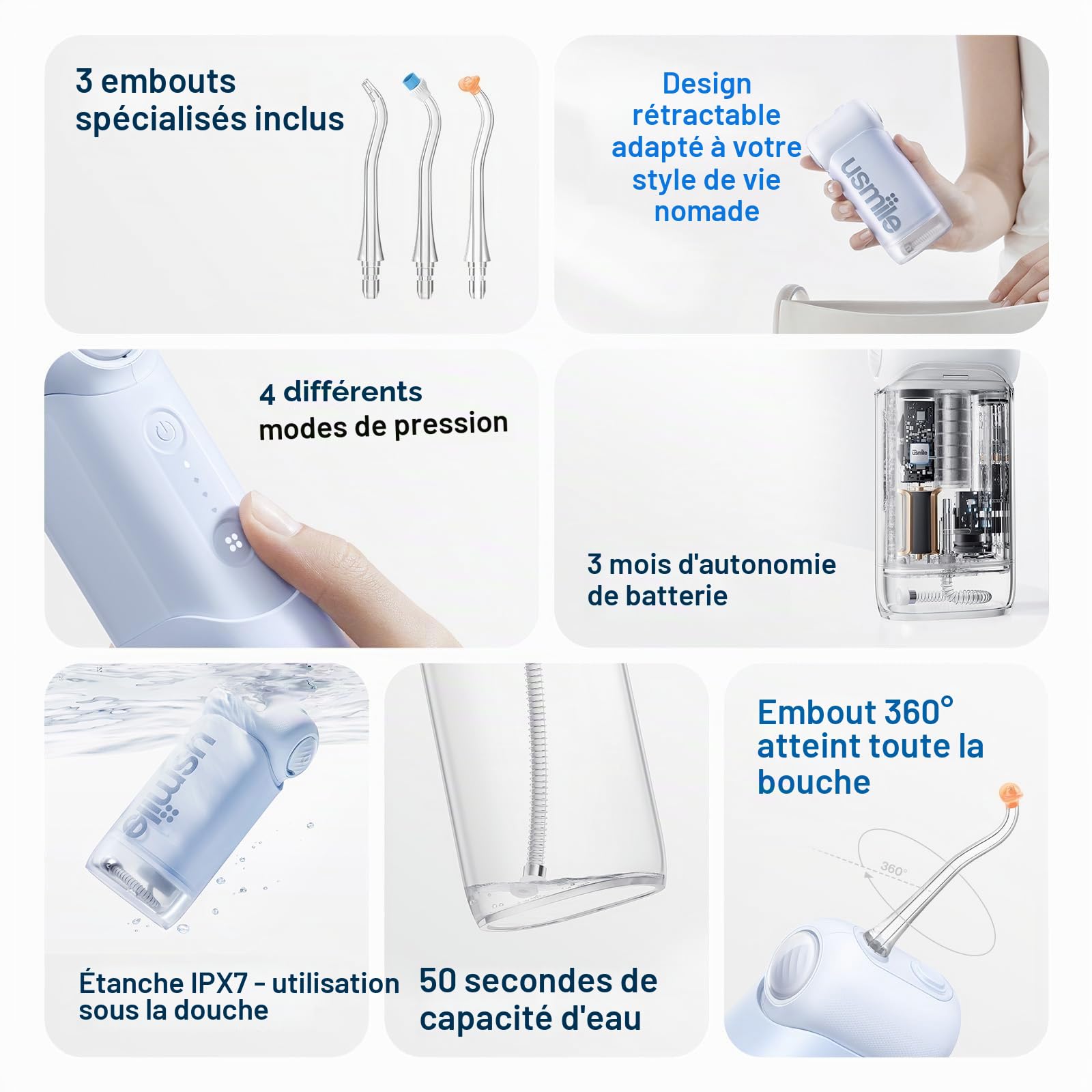 usmile C10 Jet Dentaire Hydropulseur portable – 95 jours d'autonomie | 4 modes, réservoir 180 ml, étanche IPX7, idéal pour voyages, appareils dentaires, implants et gencives