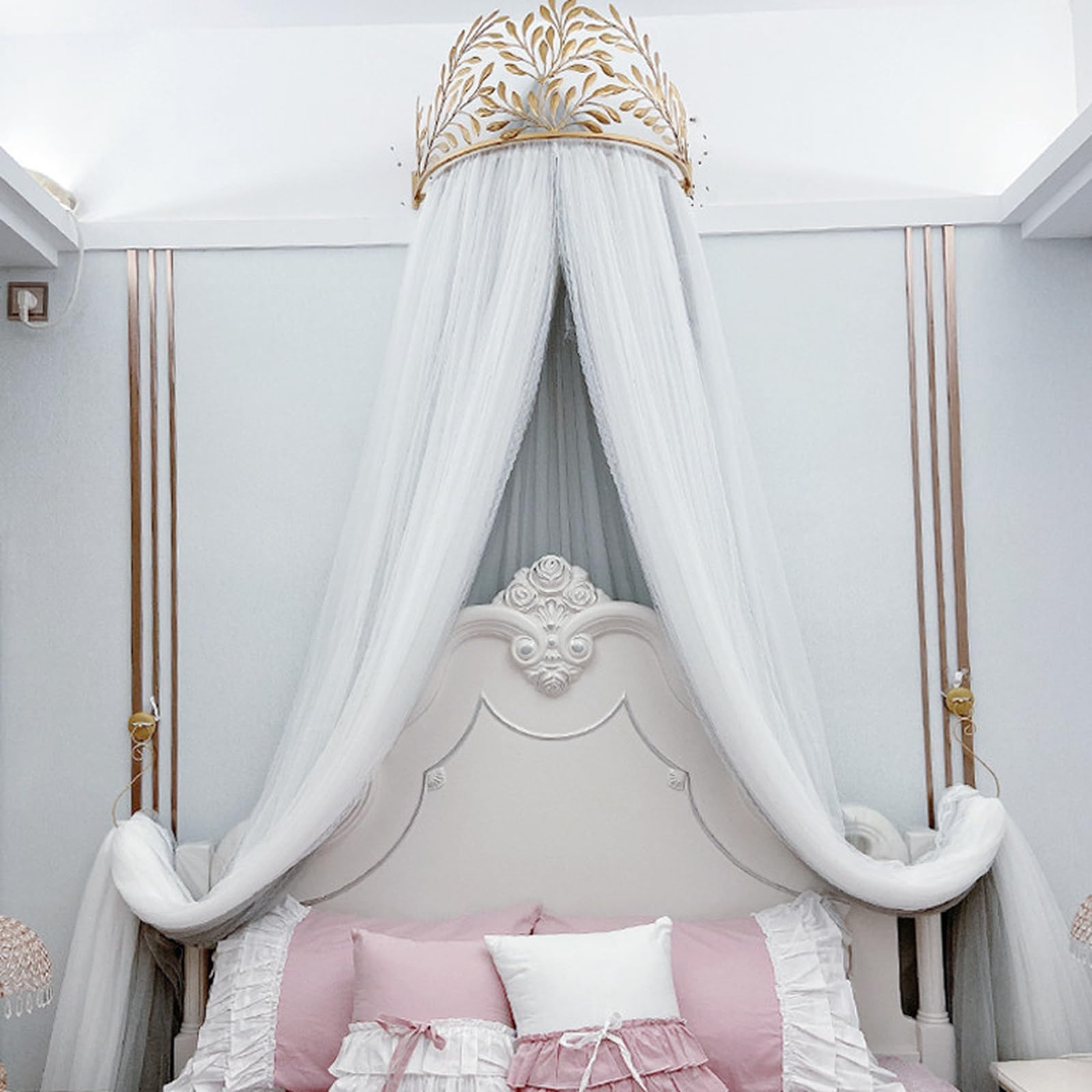 SDCGB Princess Bed Canopy for Girls & Adults, Elegant Double Layer Bed Curtain Princess Crown Mosquito Netting for Room Décor, Grey1