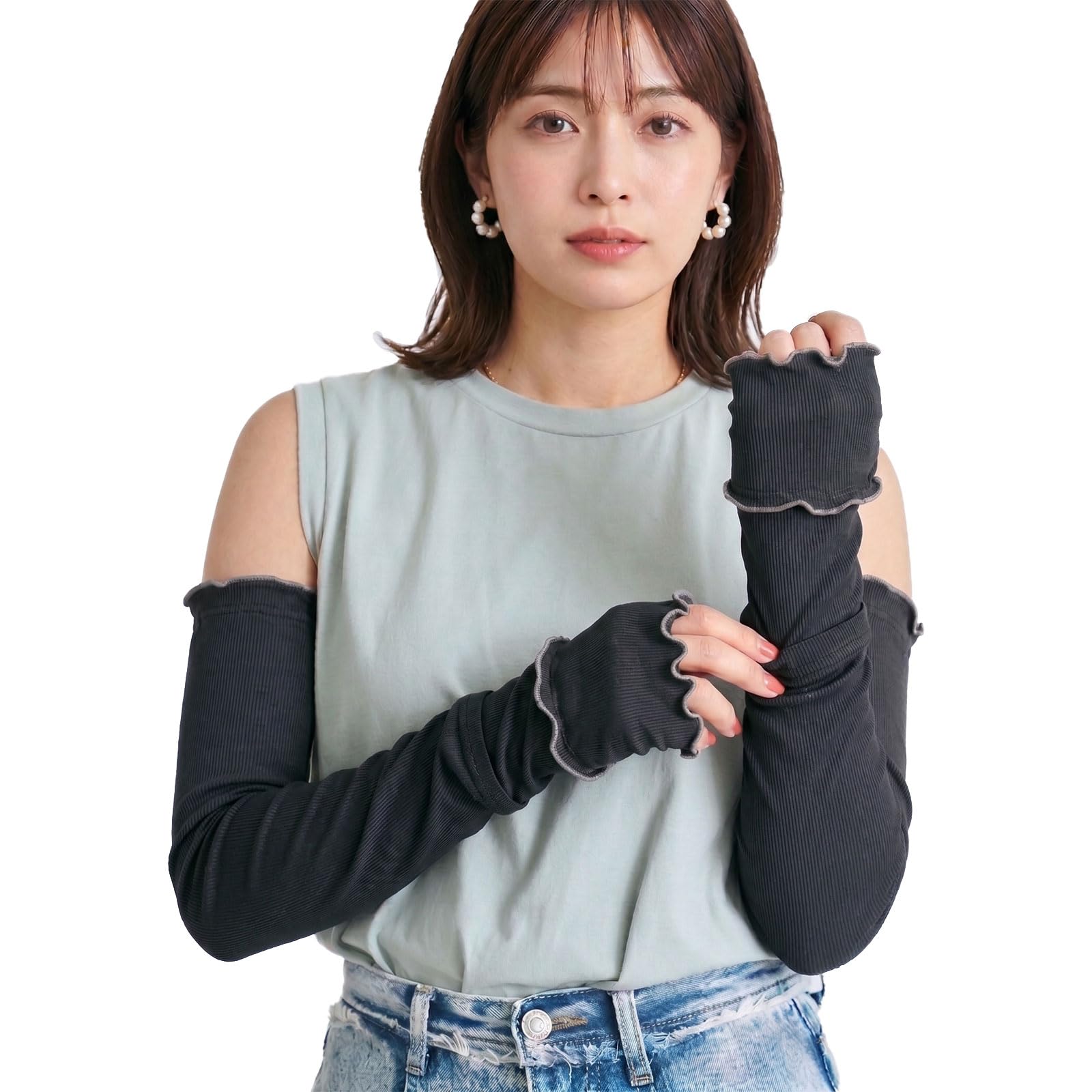 [ＵＢｅｓｕｔｏ] アームカバー メロウ レディス 接触冷感 ひんやり UVカット UPF50+ 紫外線対策 フリル リブ ひんやり 日焼け防止 夏用 おしゃれ 薄手 吸水速乾 腕カバー ドライブ 自転車 アウトドア 通勤 通学 (ブラック)