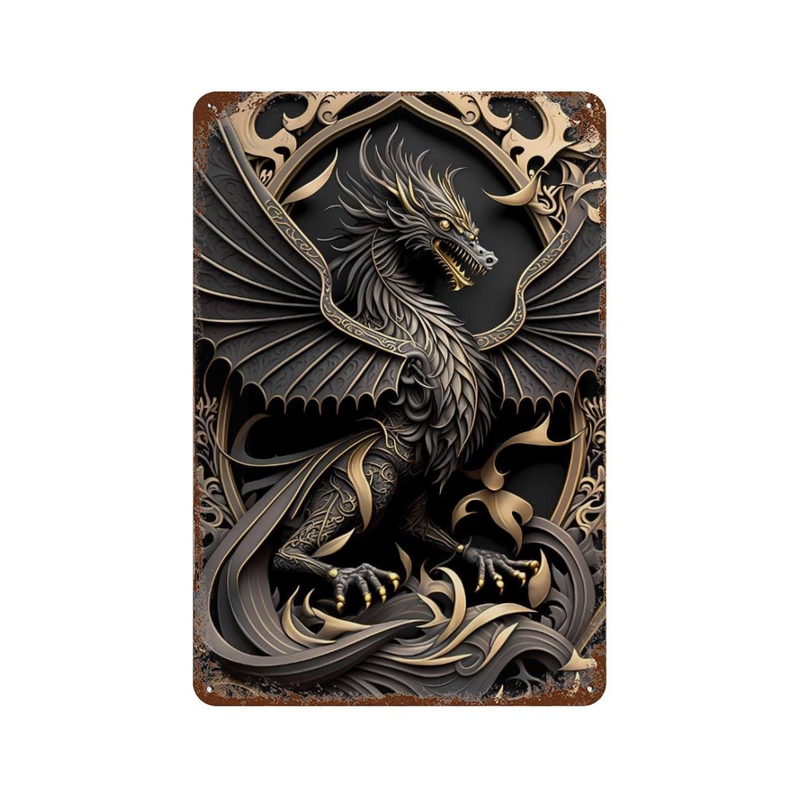 Golden Dragon Guardian 11.8"x7.9" Decorative Tin Sign, Retro Wall Decor for Bistro, Counter And Cafe Decor