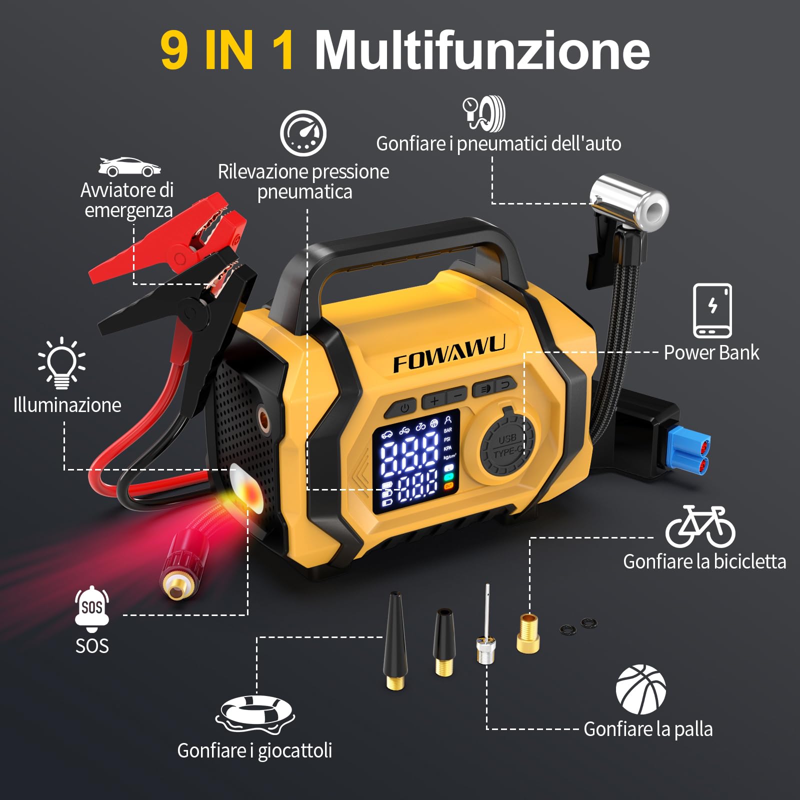 FOWAWU Avviatore Batteria Auto con Compressore 9 in 1, Avviatore Batteria 8000A 26800mAh(Tutti i Benzina e 10L Diesel), Compressore Aria Portatile 150psi con Schermo LCD Digitale Torcia LED