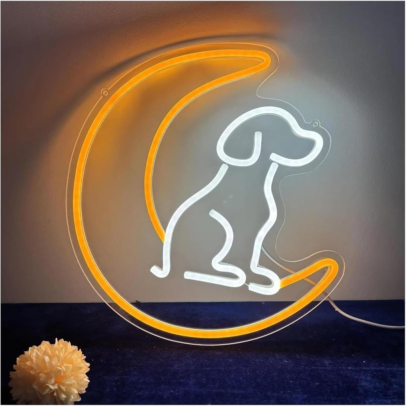 Insegna al neon a forma cane con per luna, decorazione da parete per camera letto soggiorno bambini 34x35cm
