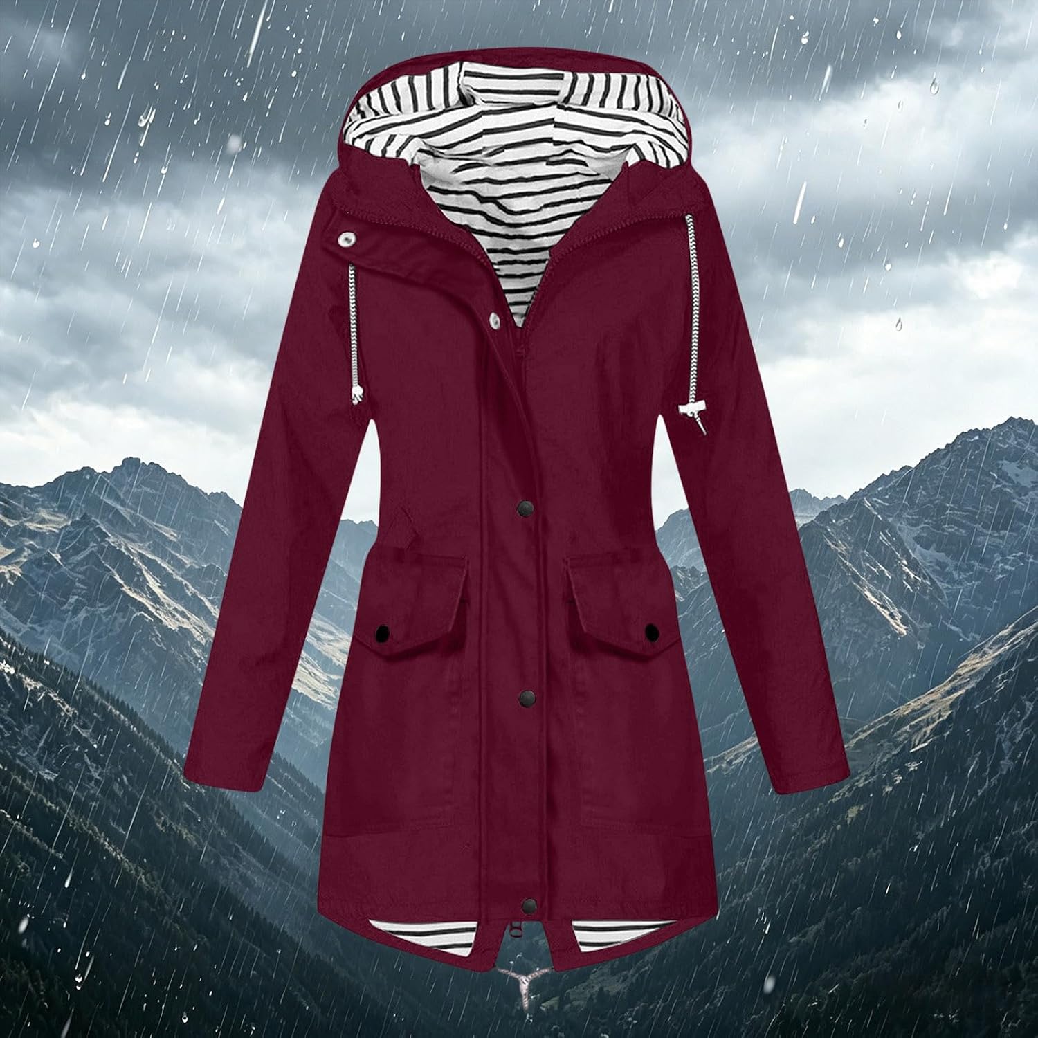 Womens Windproof Hooded Rain Jacket Button & Zipper Long Sleeve Mid Coat Outdoor Water Resistant Jacket with Pocket