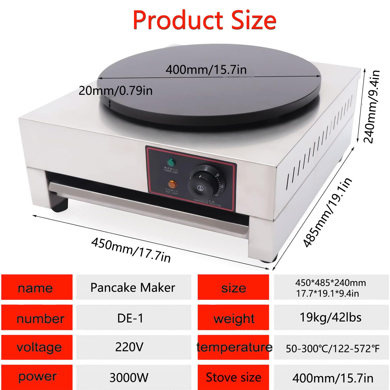 Sartén eléctrica para crepes, 16 pulgadas, antiadherente, 3000 W con espátula, placa de calefacción ajustable de 50 a 300 °C para crepes, panqueques y huevos