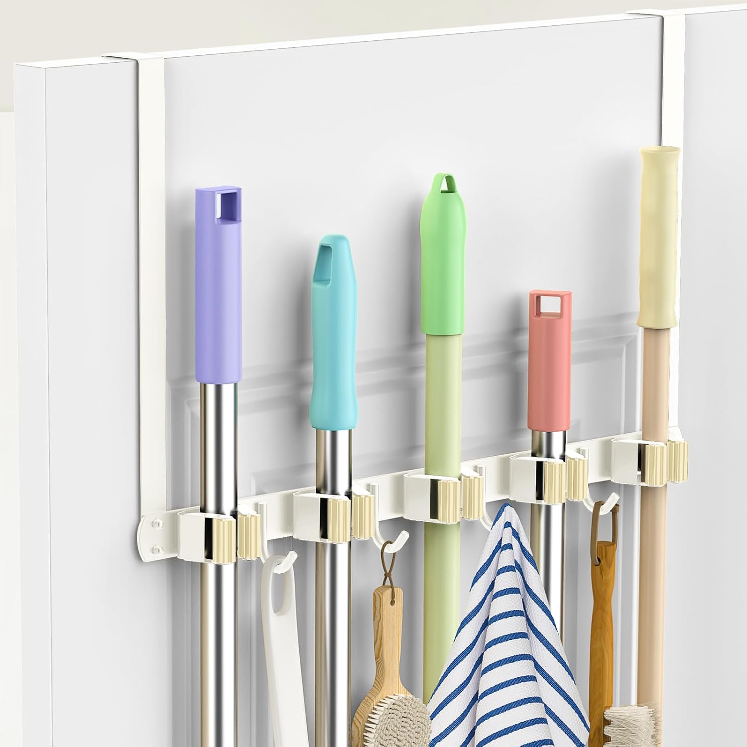 Broom Holder Over The Door Drilling Free Mop and Broom Holder with 4 Over Door Hook, Metal Mop and broom hanger Wall Mount Broom Storage Tool Organizer for Laundry Room Garage Bathroom - light beige