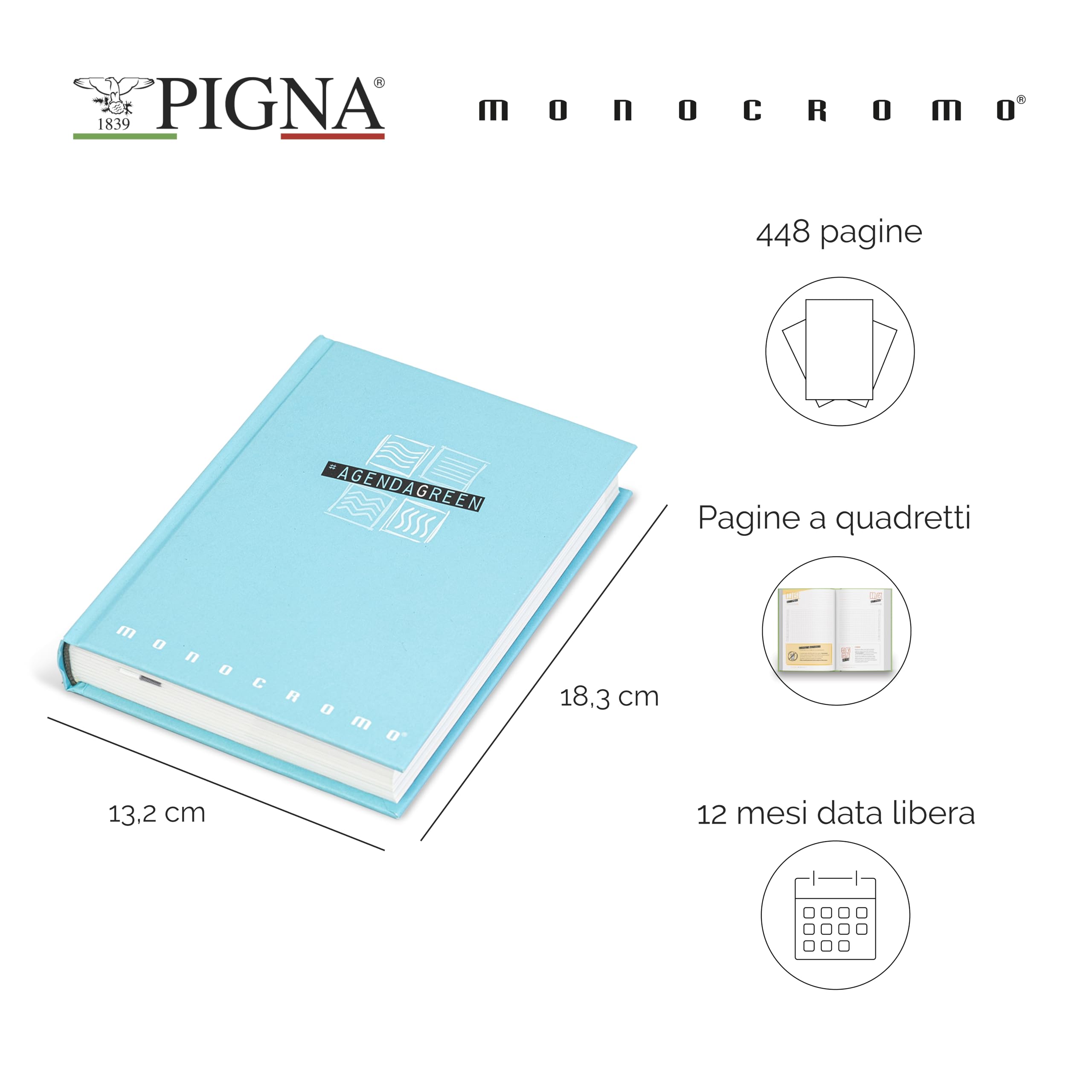 Pigna, Diario MONOCROMO GREEN, f.to 13,2 x 18,3 cm., 12 mesi, data libera, AZZURRO