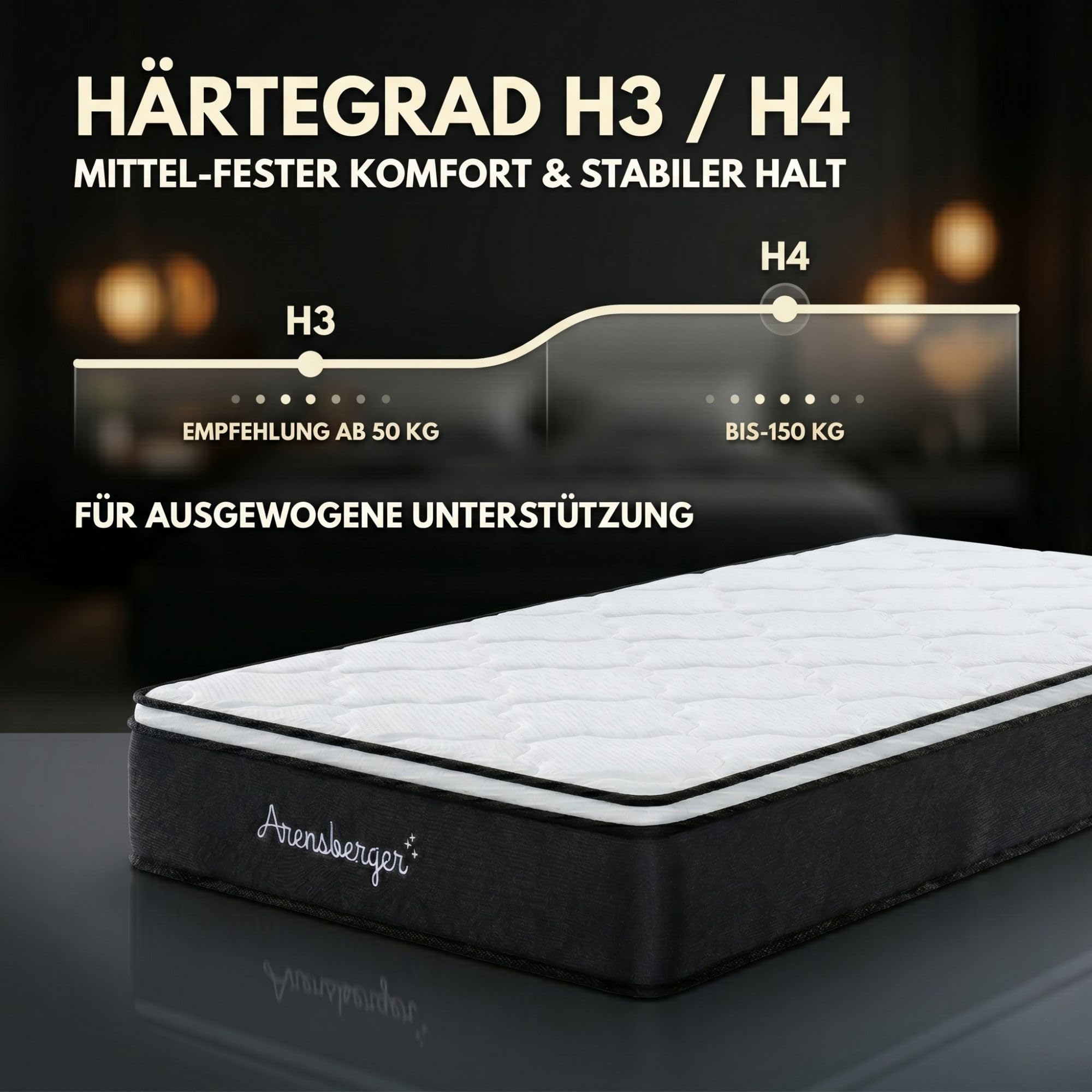 Arensberger Emilia Matratze 90x200 cm | Federkernmatratze mit Gel-Schaum und integriertem Topper | ergonomische Höhe 23cm | Härtegrad H3/H4 | HR Taschenfederkern 90x200cm Rollmatratze punktelastisch