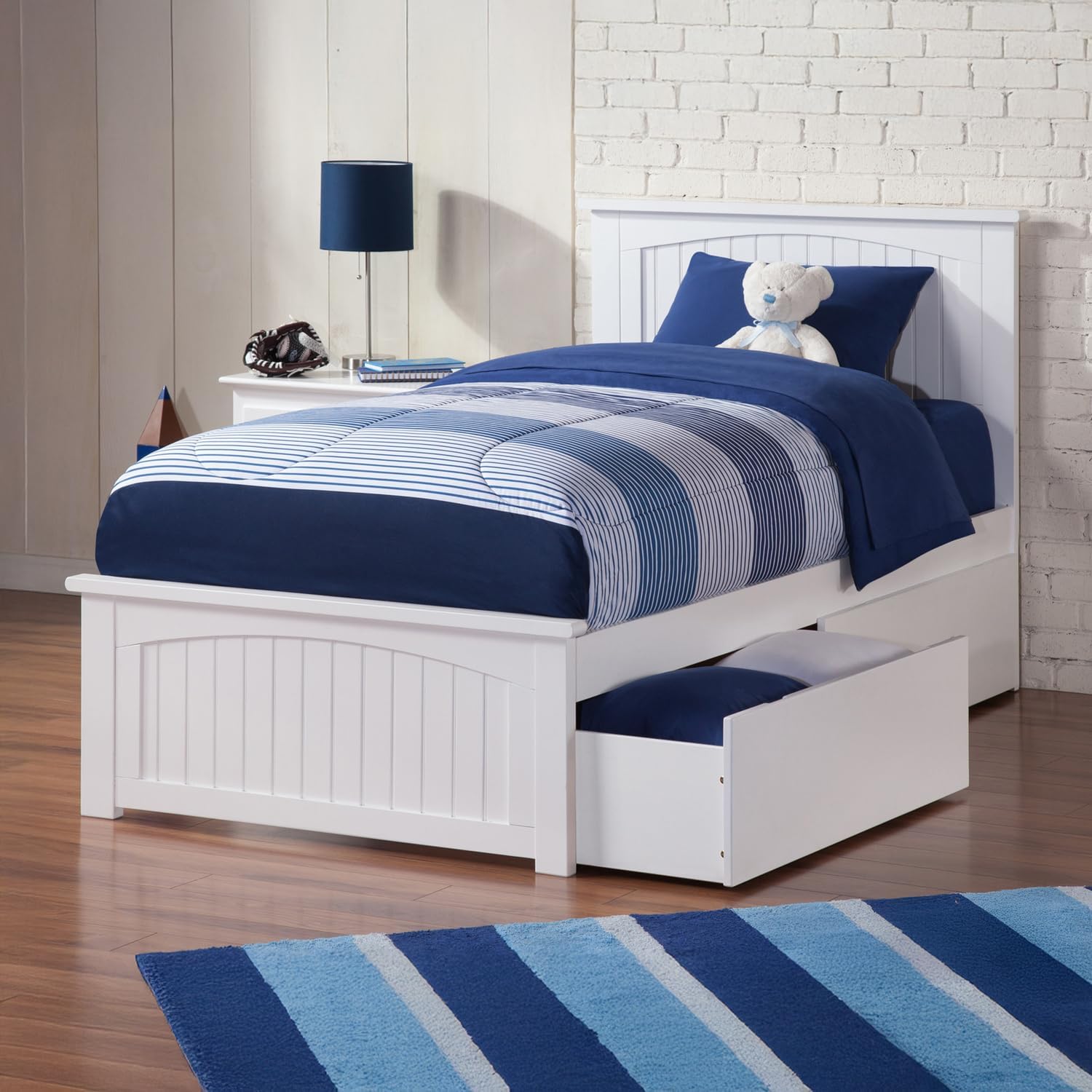 HomeStock Twin XL Solid Wood Platform Bed with Matching Footboard & 2 Storage Drawers in White
