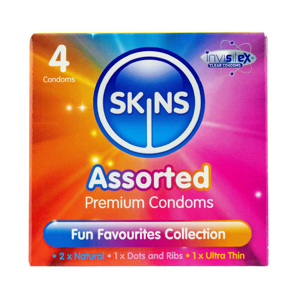 Assorted Condoms Multipack, Ultra-Thin, Natural & Dots & Ribs. No Latex Smell and Extra Lubrication for Maximum Pleasure. Natural Look That Feels Like Real Skin - Pack of 4