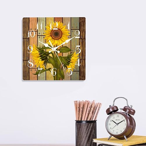 Miniatura 6 de ArtSocket Reloj de pared de madera con hojas de girasol, silencioso, sin tictac, flores florales, para verano, vintage, cuadrado, rústico,
