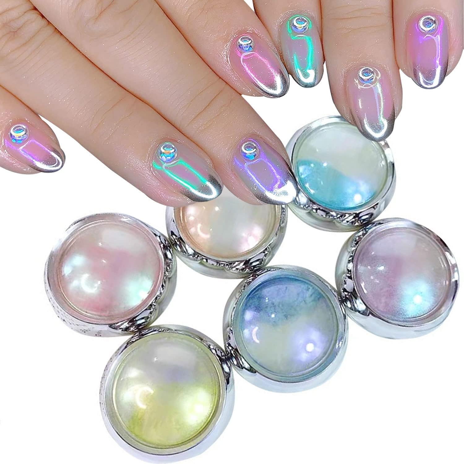 6 Jars Mermaid Chrome Nail Powder Aurora Nail Glitter Metallic Mirror Effect Pigment Iridescent Dust Nail Art Powder for Women Girls Nail Art Supplies