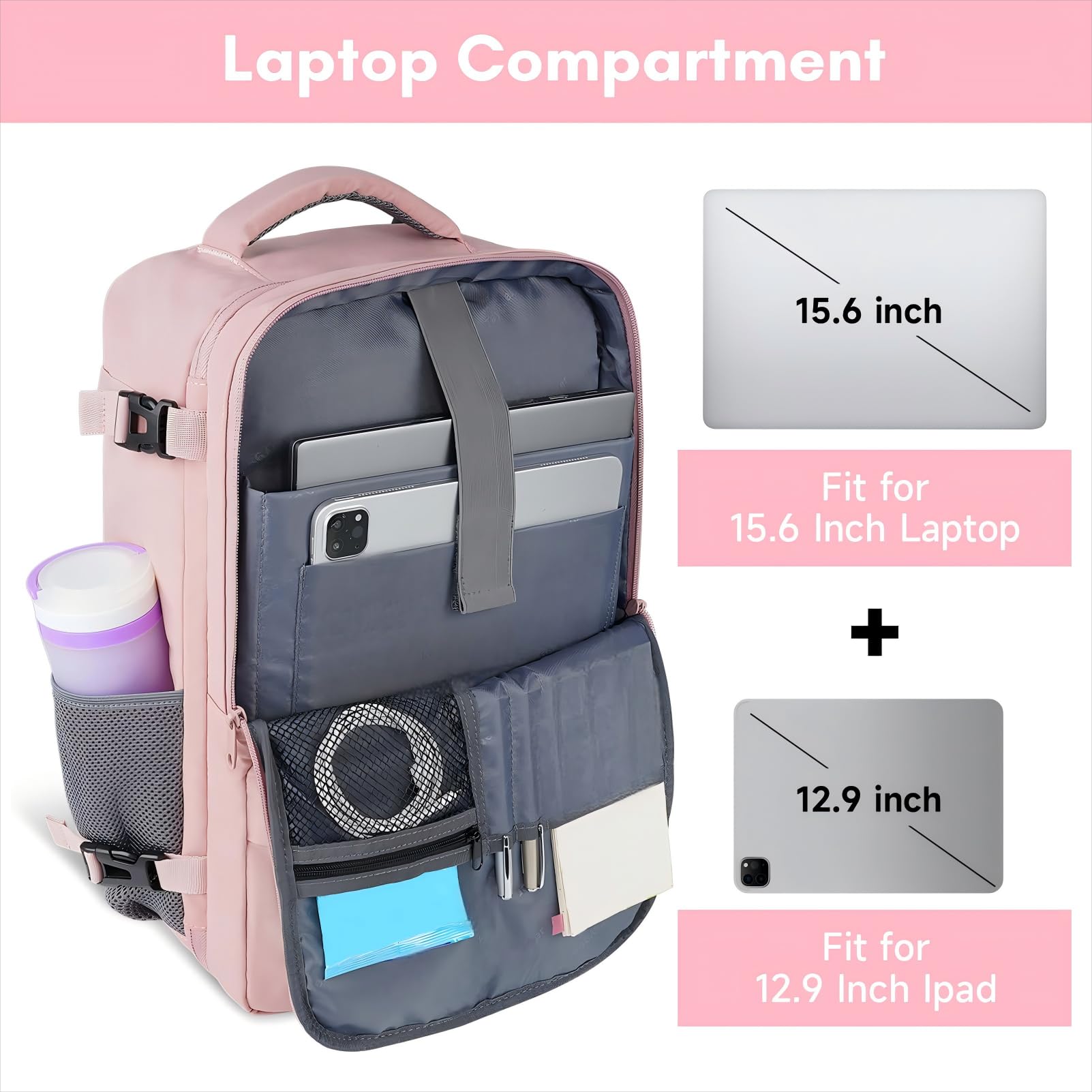 Travel Laptop Plecak Dla Mężczyzn Kobiety, Zatwierdzona Przez Samolot Plecak Podróżny Z Portem ładującym USB Dla Business Business Plecak Laptopa,Pink