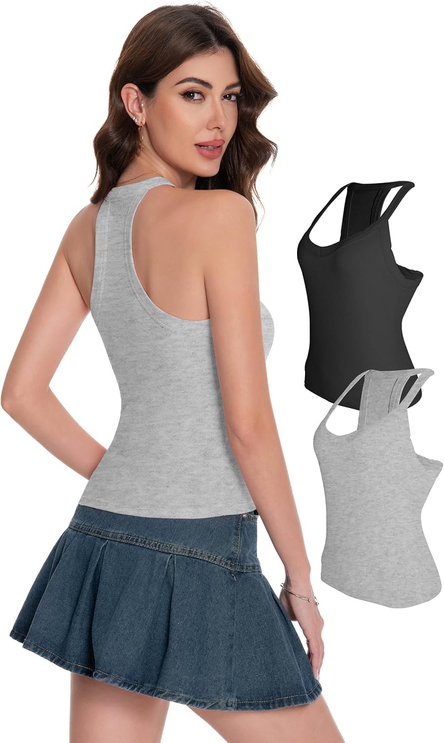 Womens Racerback Tank Tops - Cami Ribbed Basic Camisole V Neck Casual Trendy Slim Fit Sleeveless Tank 2 Pack
