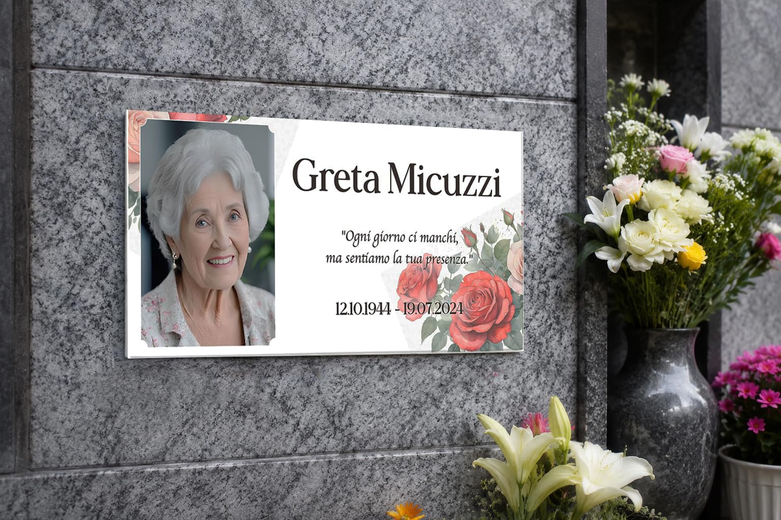 Albalù Targa Commemorativa Modello Rose per Lapide Personalizzata, Foto Ceramica per Targa cimitero, con Foto, Nome, Date e Dedica Personalizzabile