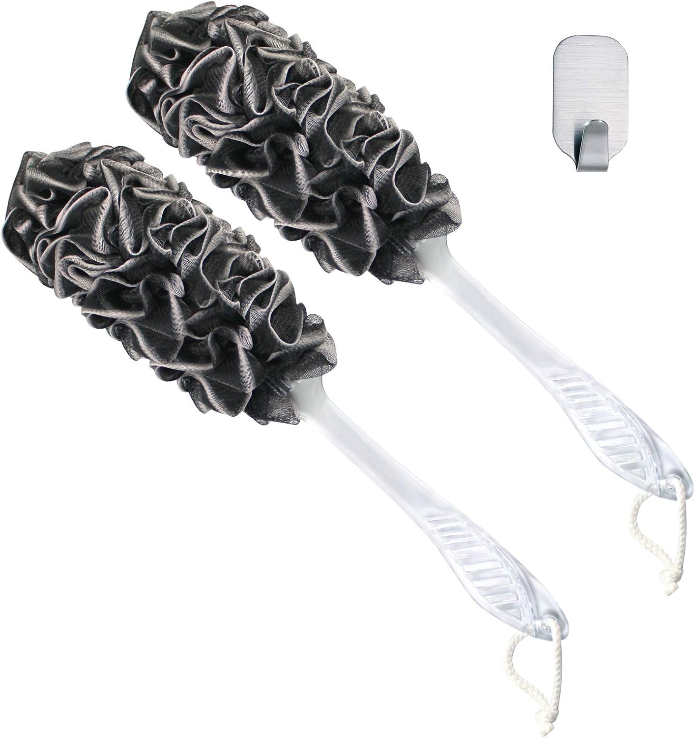 Loofah Back Scrubber, Pack of 2 Long Handle Loofah Back Brushes with Extra Large Soft Mesh for Shower for Men Women, Bamboo Charcoal Infused