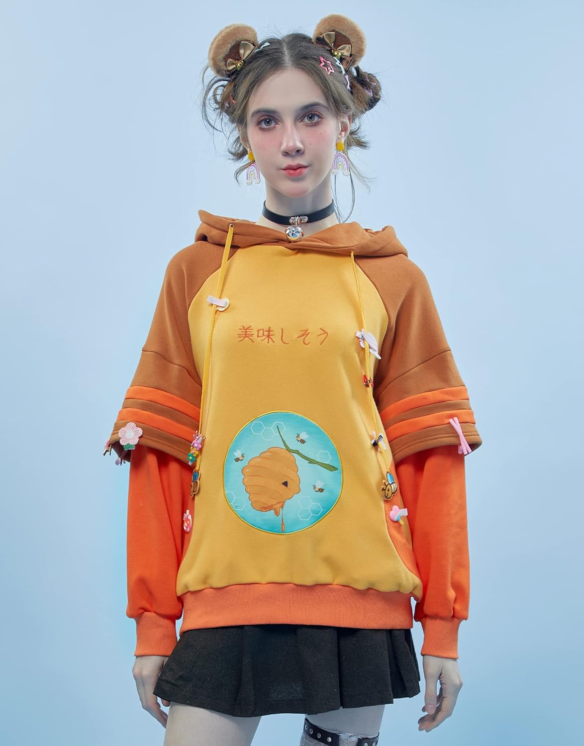 Micotaku レディース プルオーバーパーカー 取り外し可能なバッグデザイン 毛皮のような猫の足跡手袋 ハニーベアスタイル