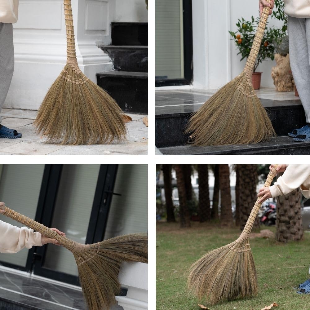 Outdoor Broom for Floor Cleaning, 43.3'' Length Heavy-Duty Natural Grass Broom for Sweeping Concrete Courtyard Garage Patio Indoor Home Kitchen Office Lobby