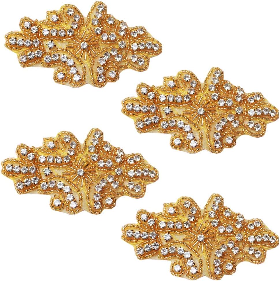 MissPeony Bead Applique Rhinestone Applique Clothes Patch Hairband DIY Hot Fix Sew Iron On Clothing Accessory Prom 4 pcs (Gold)