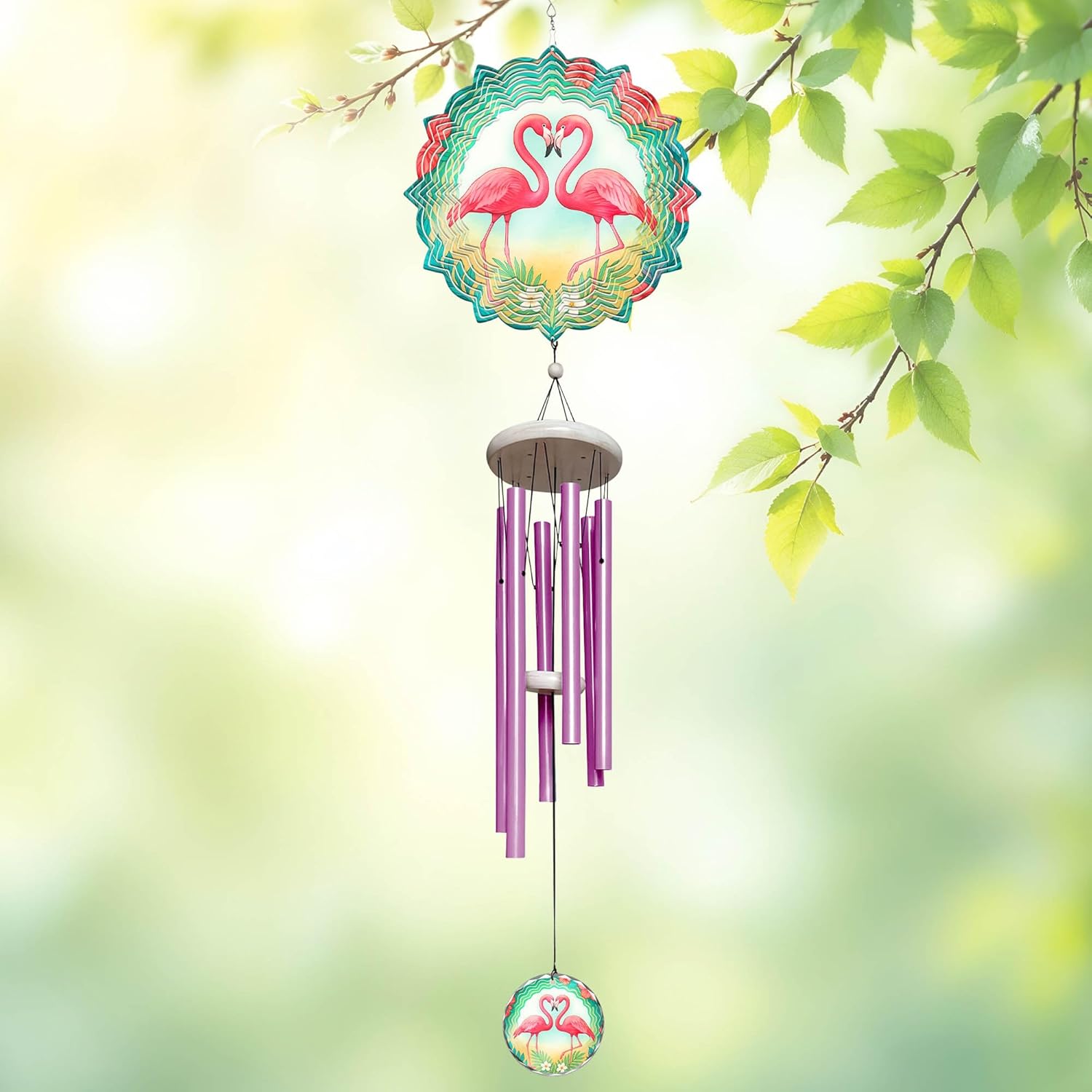 Flamingo Wind Chime for Outdoor Garden – Romantic Pink Bird Couple Design – Soothing Metal Chimes for Patio, Yard, Balcony – Tropical Flamingo Decor Gift for Mom, Women, Friends