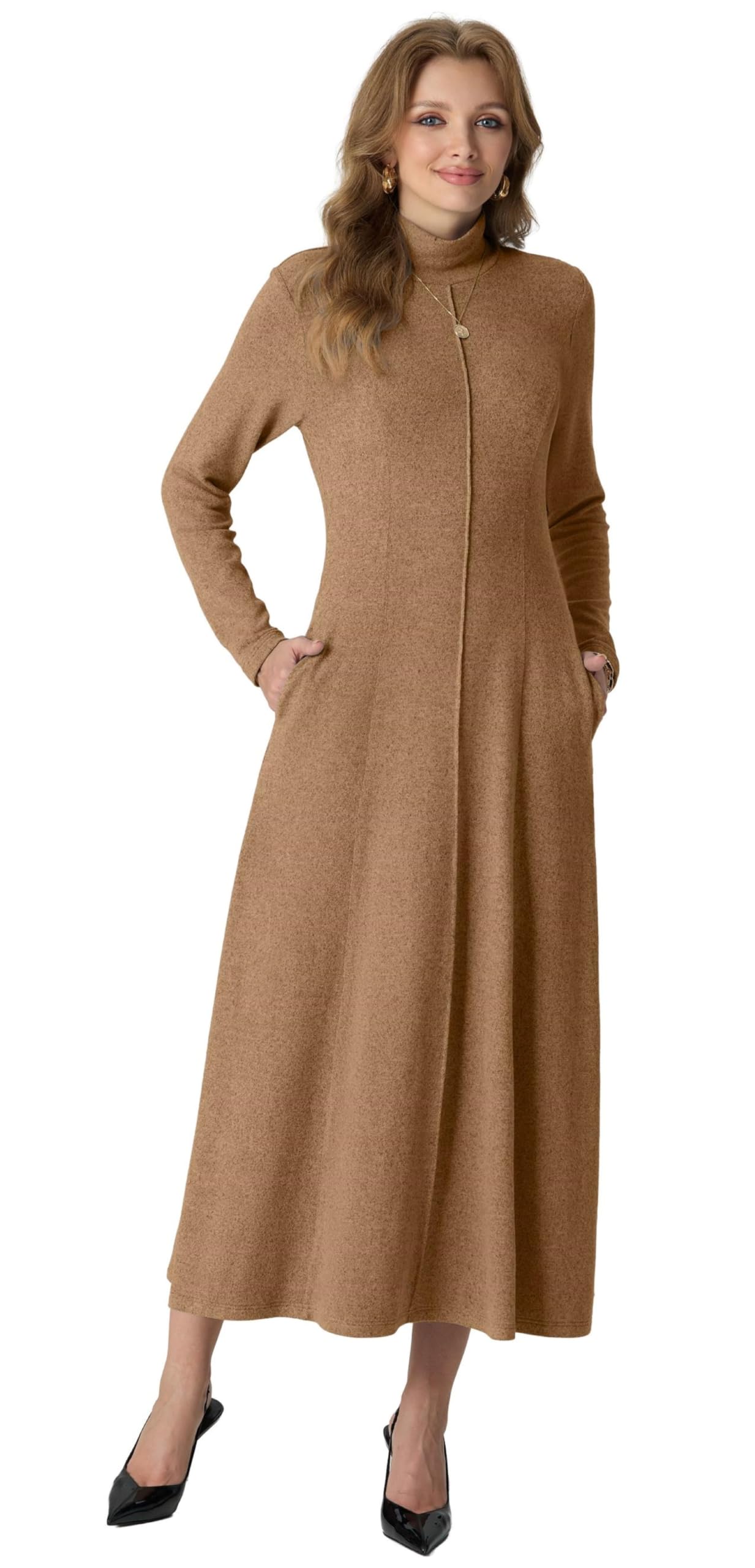 GRECERELLE Robe longue à col roulé pour femme - Manches longues - Automne - Hiver - Élégante - Décontractée - Pour le quotidien, les rendez-vous d'affaires - Extensible - Avec poches