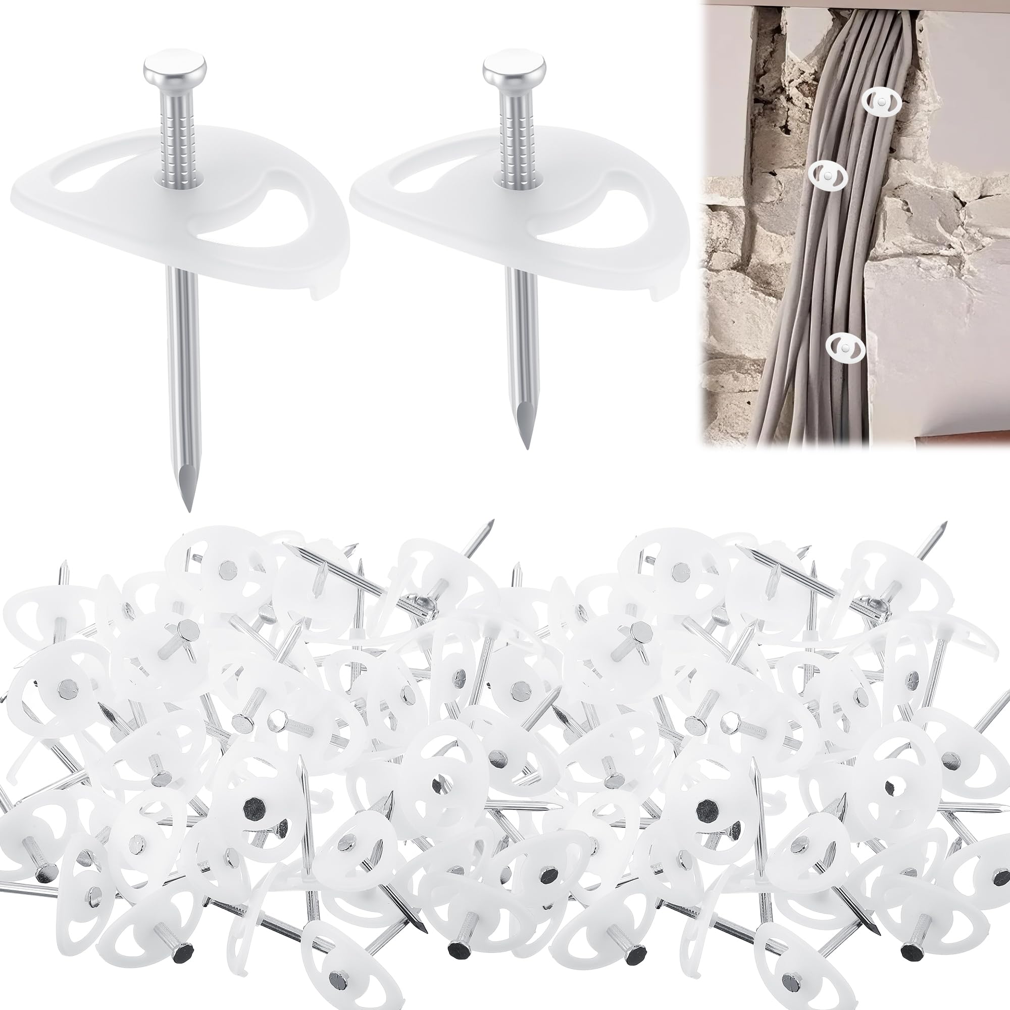 Enhon Set di 300 Rondelle per Chiodi con Chiodi di Montaggio – 150 pezzi da 3,2 x 40 mm e 150 pezzi da 3,5 x 50 mm, per il fissaggio di cavi nelle scanalature dei muri e su muratura