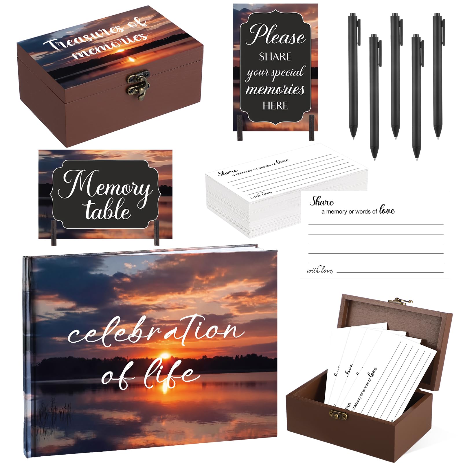 Celebration of Life Gästebuch "Share a Memory" Dekorationen für Beerdigung, 100 Stück, Beerdigungskarten, 2 Holzschilder mit 4 Halterungen, 1 Erinnerungsbox mit 5 Stiften für Gedenkdienst