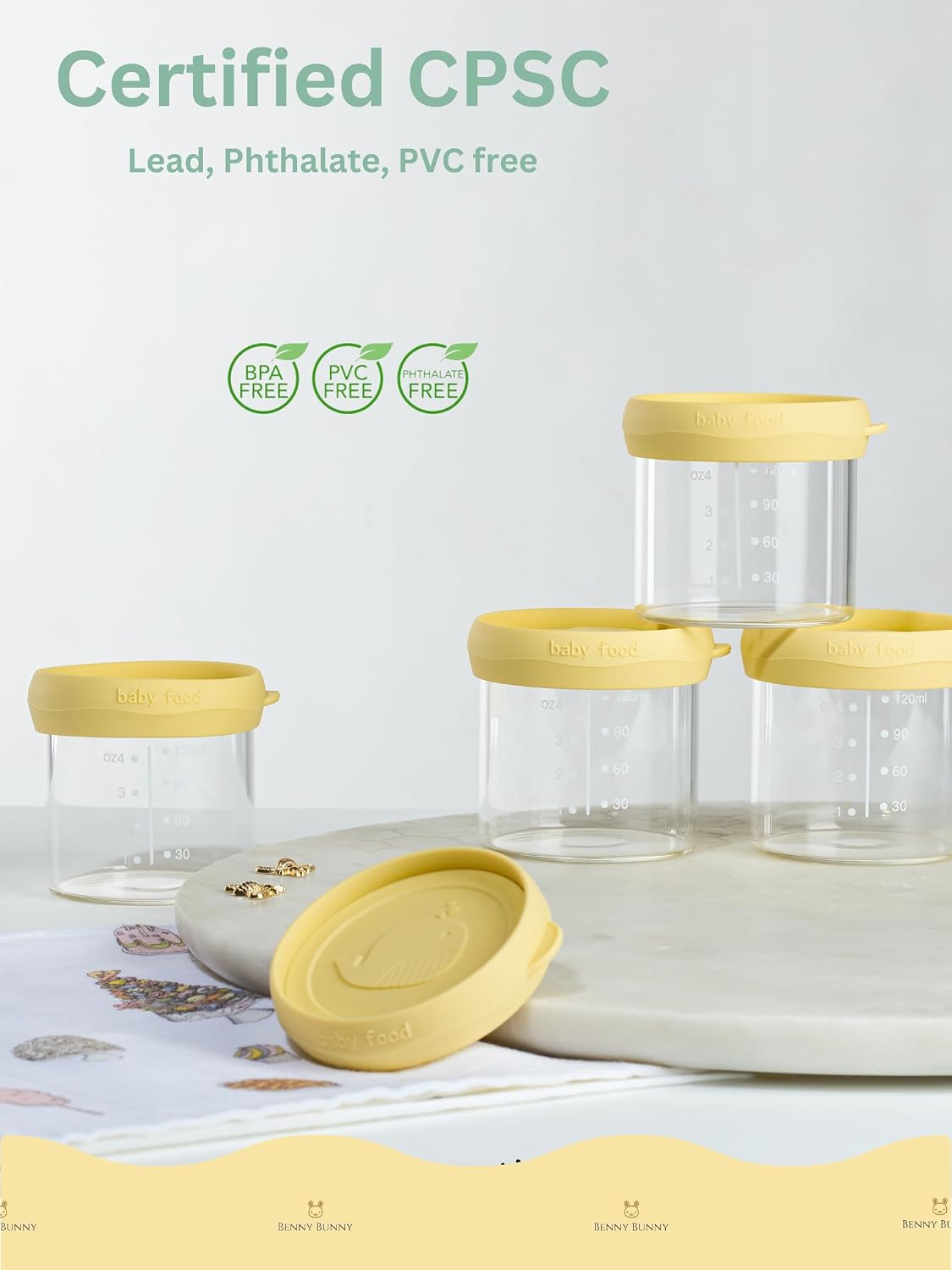 Glass Baby Food Containers with Silicone Lids, Small Baby Food Storage Jars with Tray (4 oz), Snack, Puree, Breast Milk, Freezer, Fridge, Microwave and Dishwasher Safe, Borsilicate Glass (Yellow)
