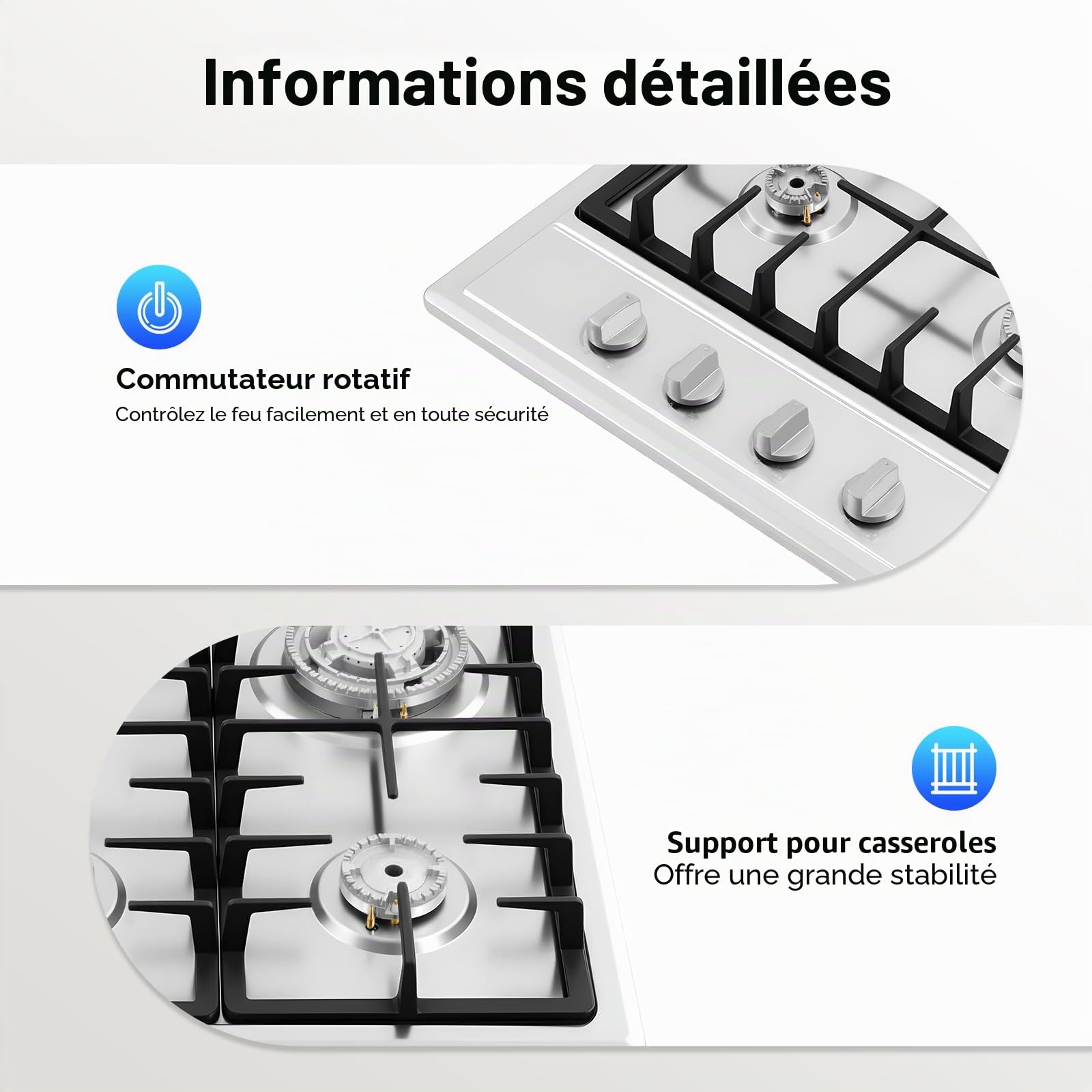 Table Cuisson Gaz 5 Feux, Plaque Encastrable, Cuisinière Professionnelle, Acier Inoxydable, Protection Sécurité Flamme, Contrôle Indépendant, Pour Restaurant Maison Hôtel (4, 59, Centimètres)
