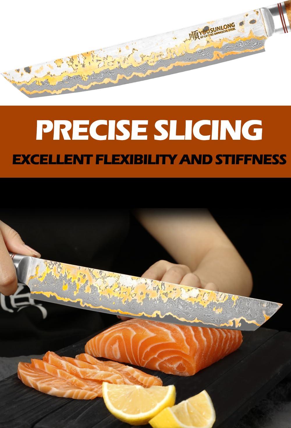 YOUSUNLONG Sashimi-Schneidemesser - 215mm Sujihiki Yanagiba Messer - Superscharfer Schnitt - Japanische handgefertigte Kupfer-Damaszener-Stahl Klinge - Naturel Burl Holzgriff mit Leder