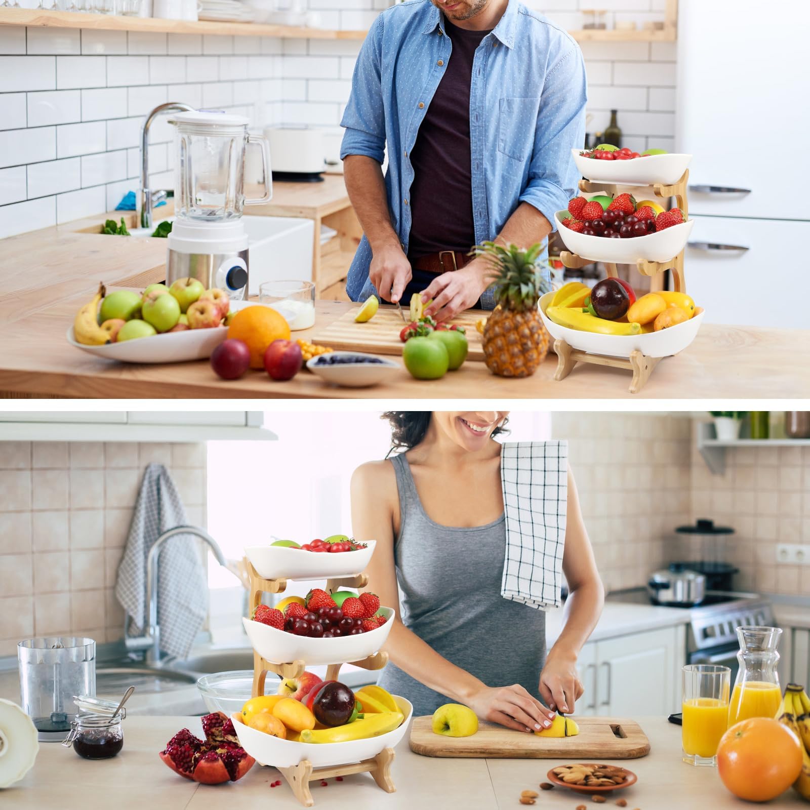 Dreamhigh® Frutero de Cocina Moderno de Cerámica, 3 Pisos Cesta para Frutas y Verduras Estable y Sin Sacudidas, Con Base de Bambú para Sala de Estar