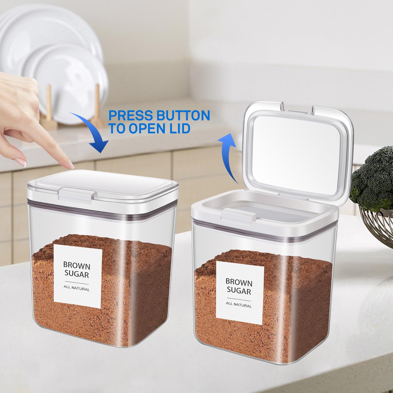 Euiaey Brown Sugar Container Airtight, Brown Sugar Keeper Storage Container with Spoon and Terracotta Savers for Softening, Stackable One-Touch Opening 2.11Qt(68Oz/2L)