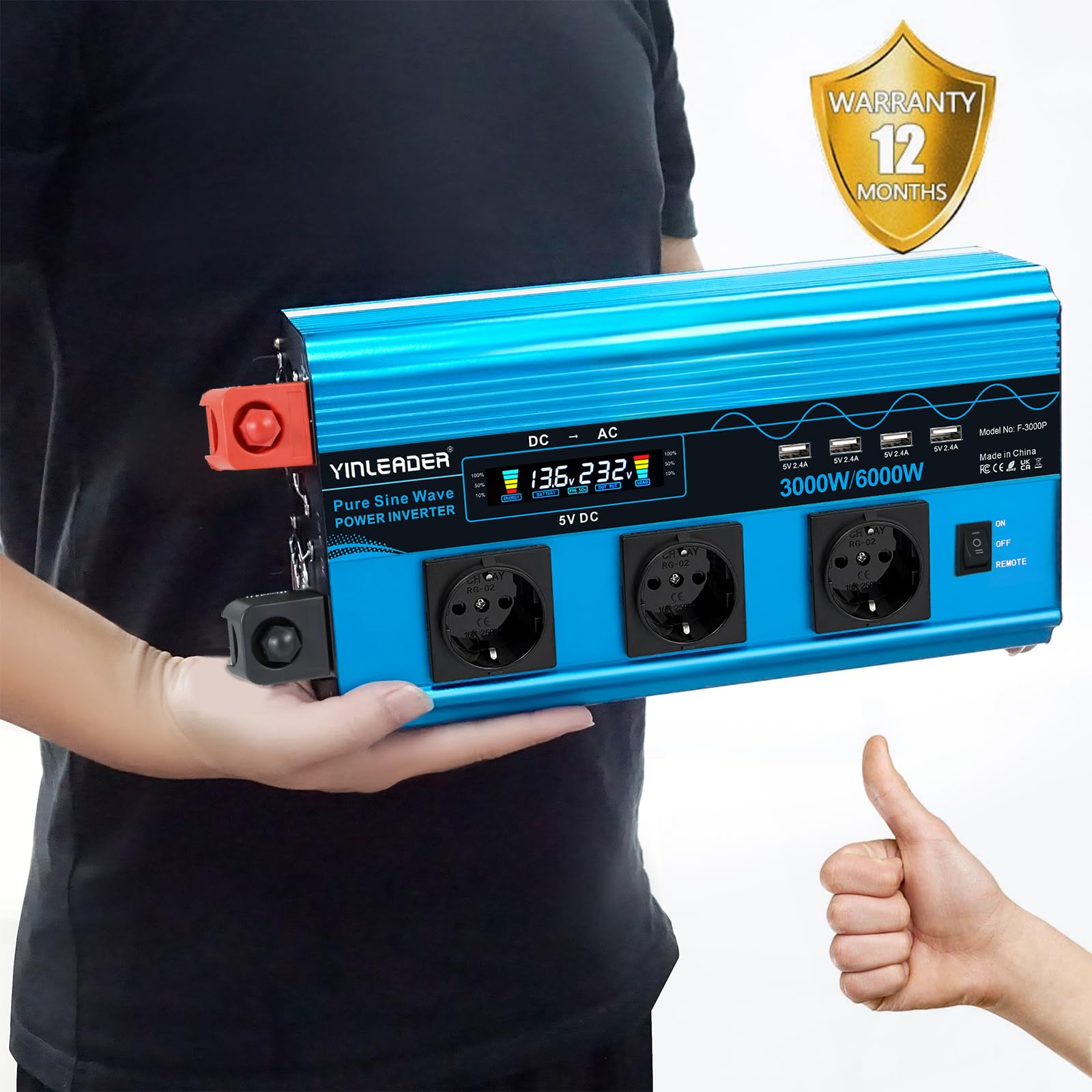 Inversor de Corriente Onda Pura 3000W Transformador De 12v A 230v con 3 Tomas de CA y 4 x USB LCD, Control Remoto inalámbrico