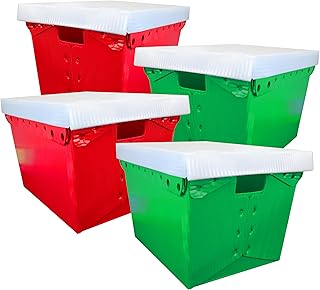 Flipside Products Storage Totes with Lids, Durable Plastic Storage Totes with Reinforced Metal Frame, Red and Green, Organization, Holiday, Christmas, Postal, 2 Pack
