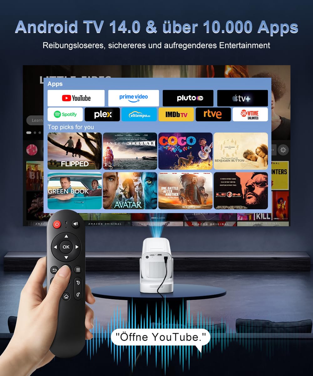 HY260pro 4K Smart Beamer,Mini proiettore con WiFi 6 Bluetooth 5.4 1080p Full HD proiettore portatile con Android 14.0,rotazione di 270°,Home Cinema Proyector per camera da letto all'aperto