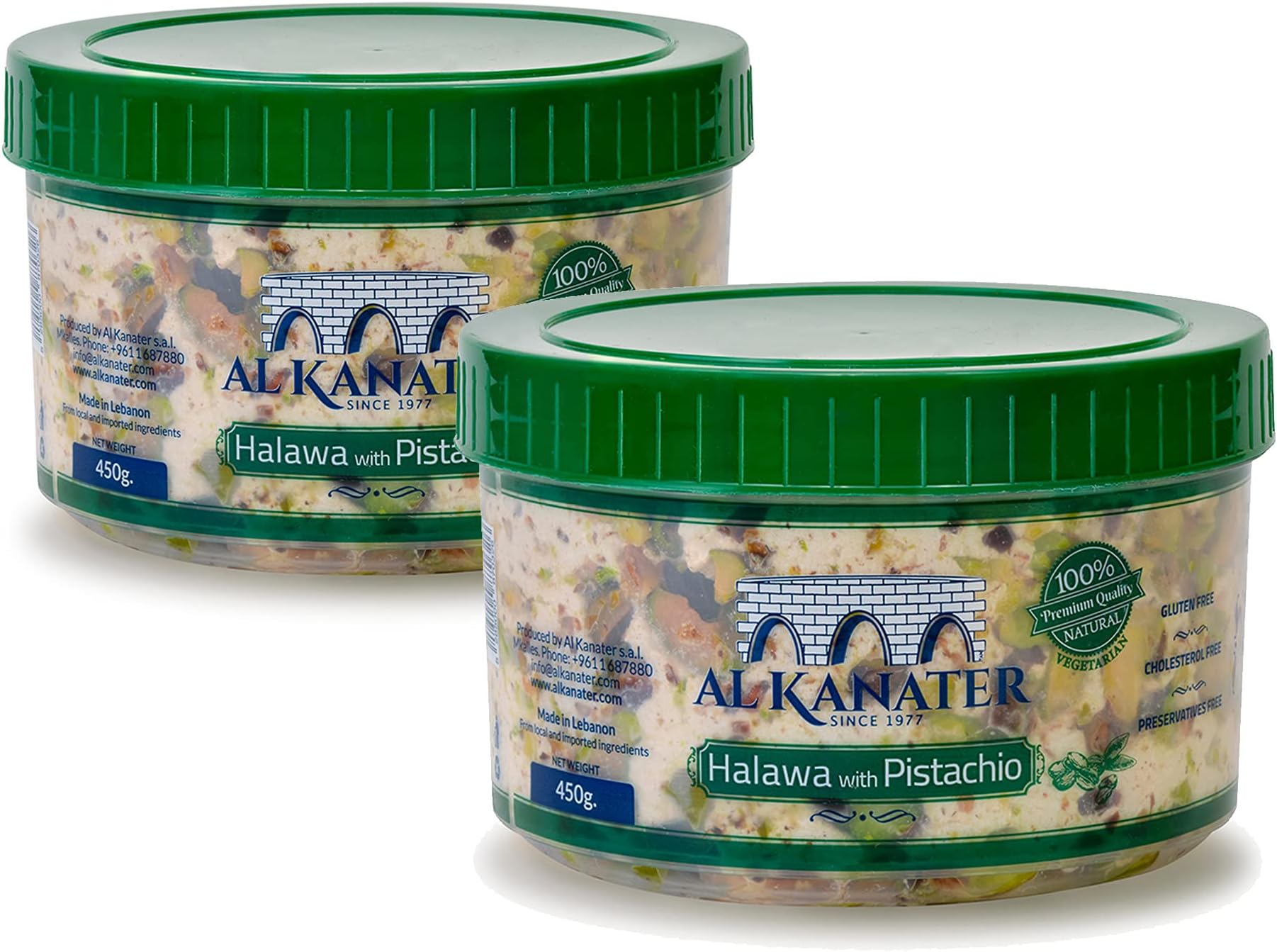 Al Kanater, Halawa Filled Pistachio Spread , 450 Gr, Traditional Tahini, Crunchy Pistachio, 100% Natural Ingredients, Vegetarian Sesame Candy, Halal Pistachio Halawa, Cholesterol Free and Gluten Free.