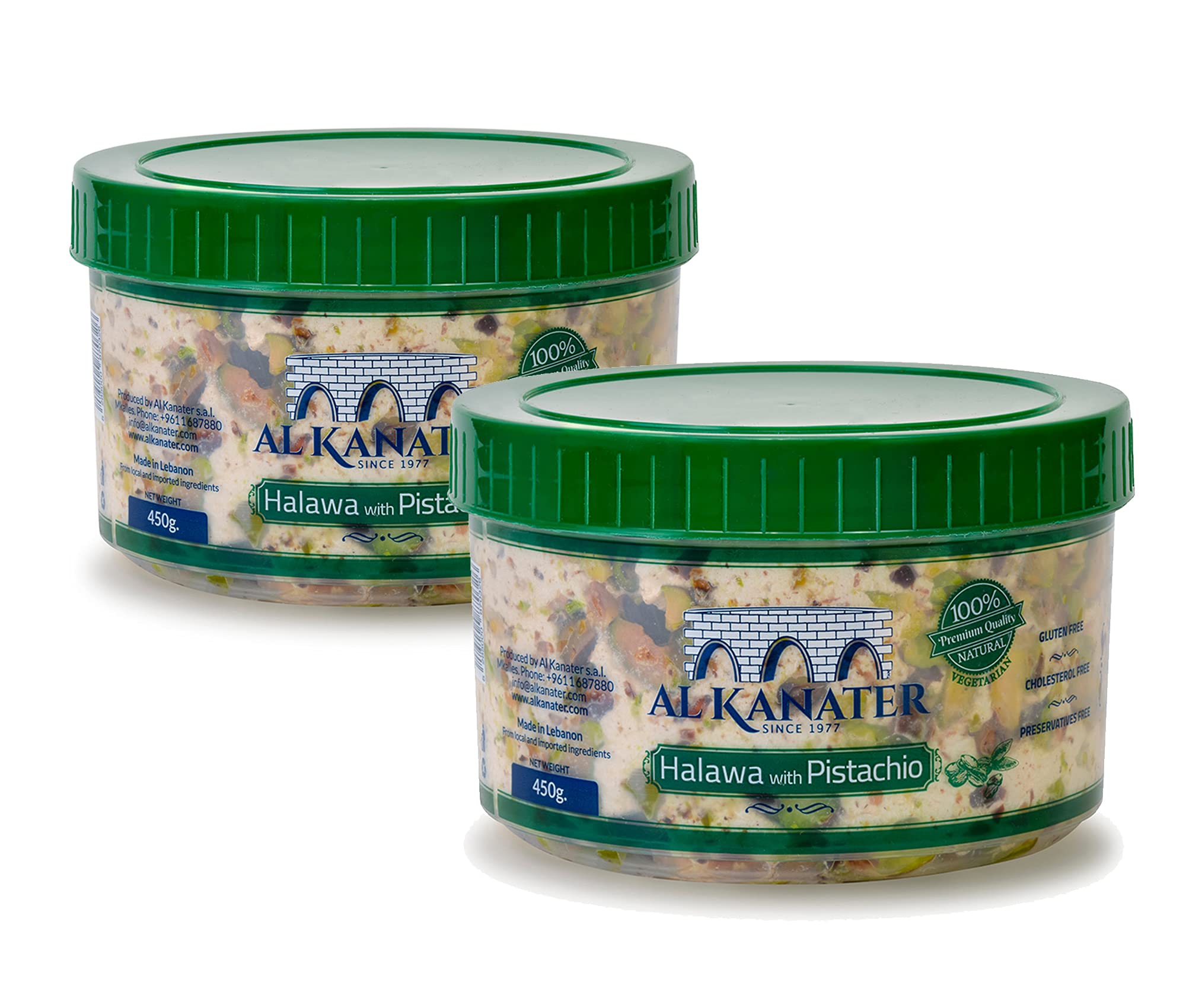 Al Kanater, Halawa Filled Pistachio Spread , 450 Gr, Traditional Tahini, Crunchy Pistachio, 100% Natural Ingredients, Vegetarian Sesame Candy, Halal Pistachio Halawa, Cholesterol Free and Gluten Free.