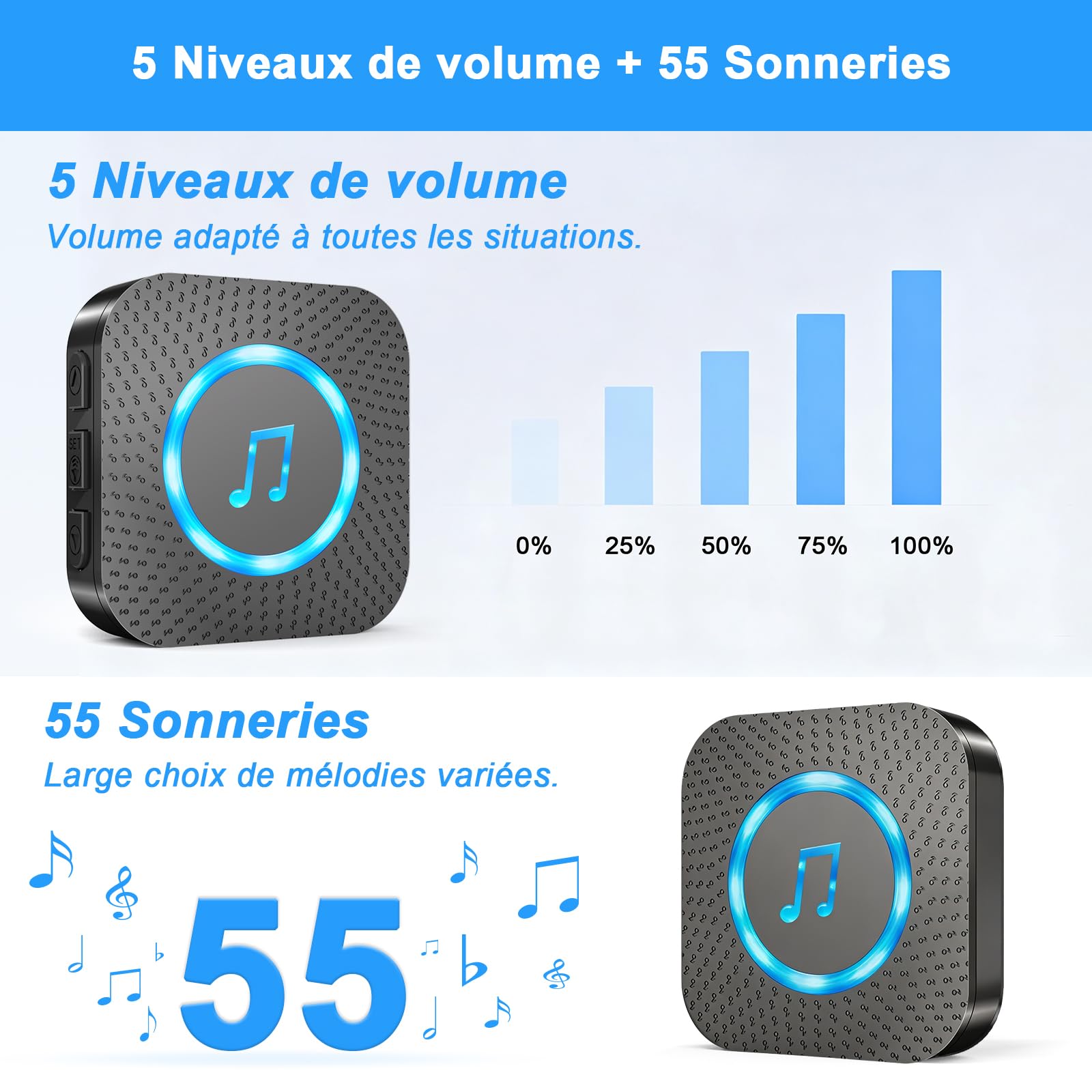 AIMAX Sonnette sans fil avec 3 émetteurs et 4 récepteurs, longue portée 400 m, étanche IP55, 55 sonneries, 5 niveaux de volume avec clignotement LED, installation sans fil, noire