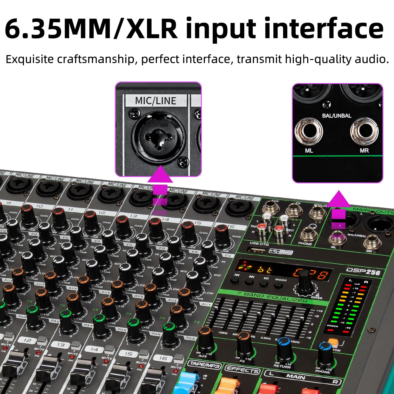 Depusheng PA16 Console de mixage audio professionnelle Console d'harmonie Interface système 16 canaux USB Bluetooth MP3 Entrée d'ordinateur Alimentation fantôme 48 V Effet de réverbération 99 intégré