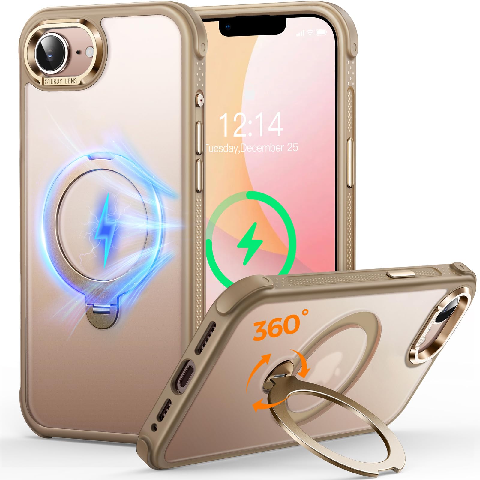 【新型TPUバンパー・安全性 】CUTELFON iPhone 16E / 17E ケース 3倍米軍規格認証 耐衝撃 MagSafe対応 ワイヤレス充電 いphone16E / 17E ケース 360°回転【横縦両立・角度自由調整】黄ばみなし 傷防止 アイフォン16E / 17E ケース 対応 半透明のマット背面 薄型 iPhone 16E / 17E 6.1インチ用デザートチタニウム