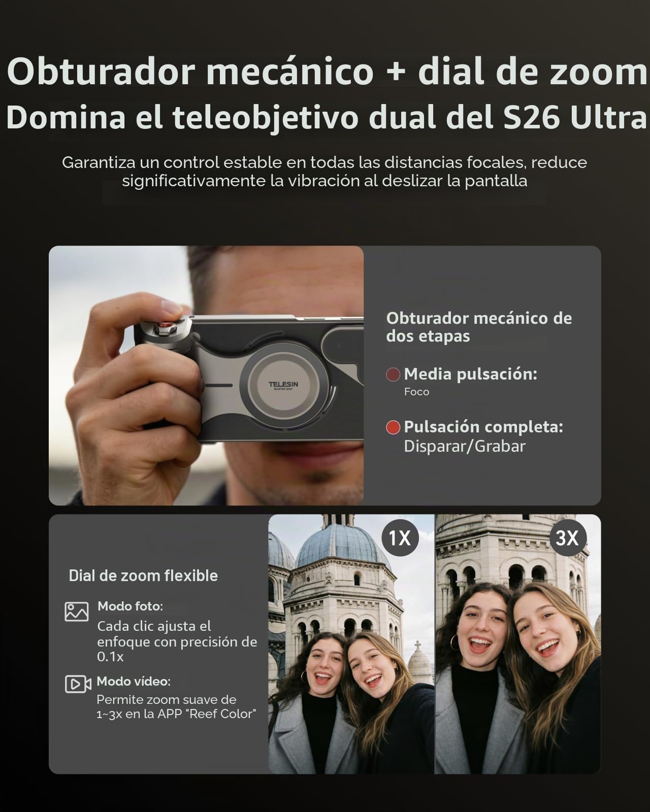 TELESIN Kit Grip Magnético Master para Samsung Galaxy S26 Ultra, Grip Cámara con Batería 3200mAh, Filtro ND16, Flash 10X con Pre-Flash y LED, Carga Inalámbrica, Empuñadura Estilo DSLR