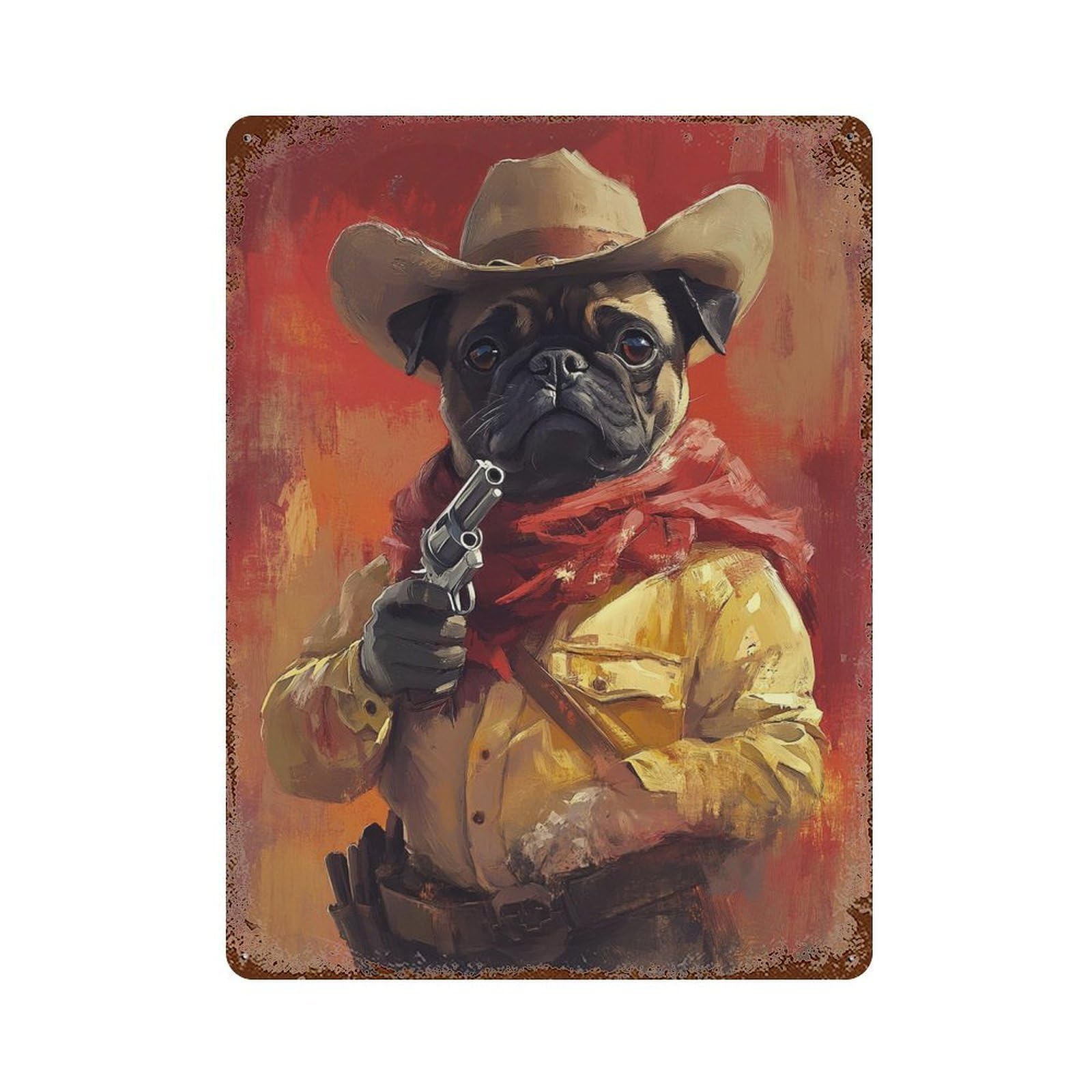 Vintage Rust Metal Sign Western Pug Cowboy Art Print-5 15.7"x11.8", Industrial Home Decor for Farmhouse, Kitchen And Entryway Decor