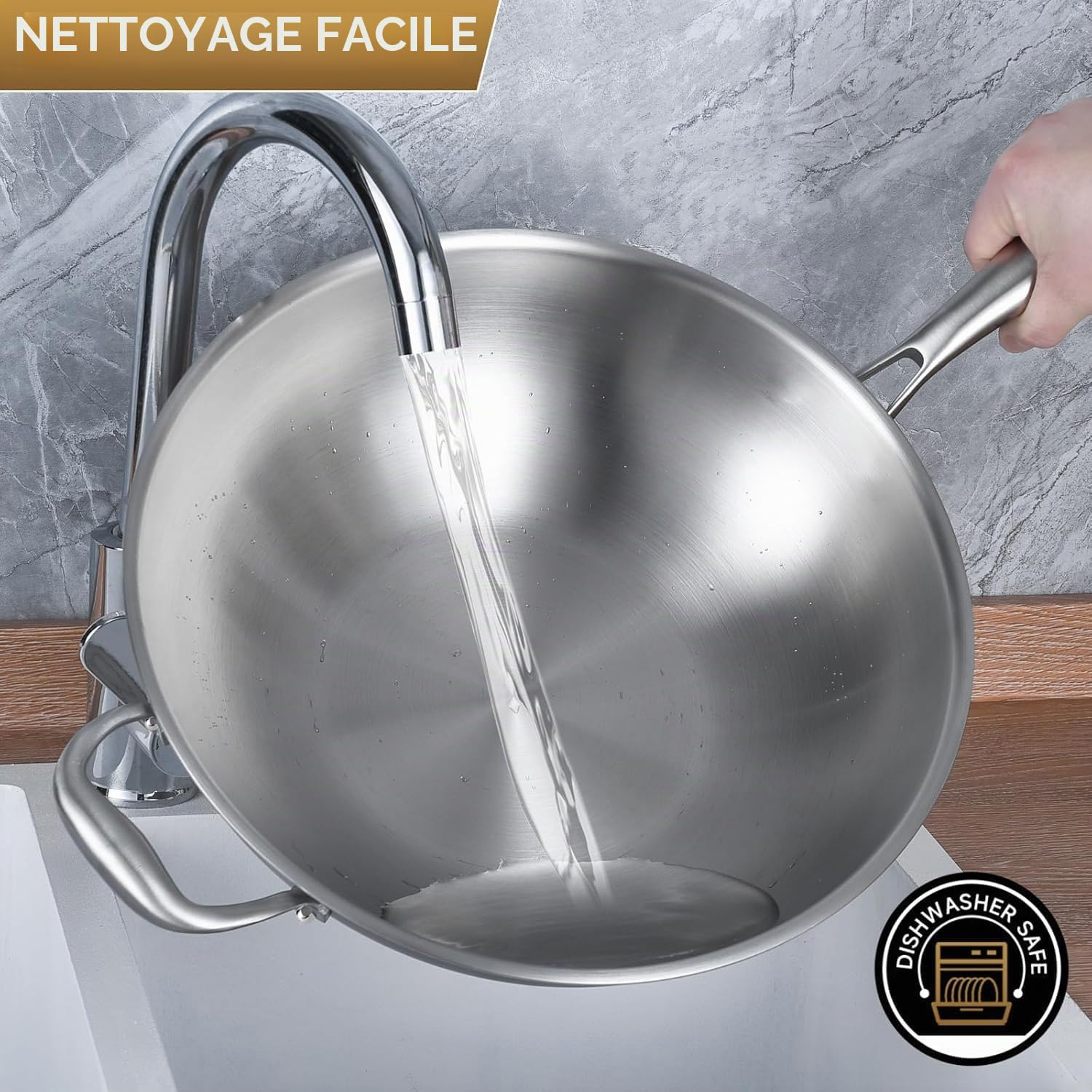 LOLYKITCH Wok 34 cm Inox 18/8, Sans Revêtement, Induction, Couvercle | acier 18/8 , structure triple fond, adapté tous feux, passe au four et lave-vaisselle, cuisson homogène et durable
