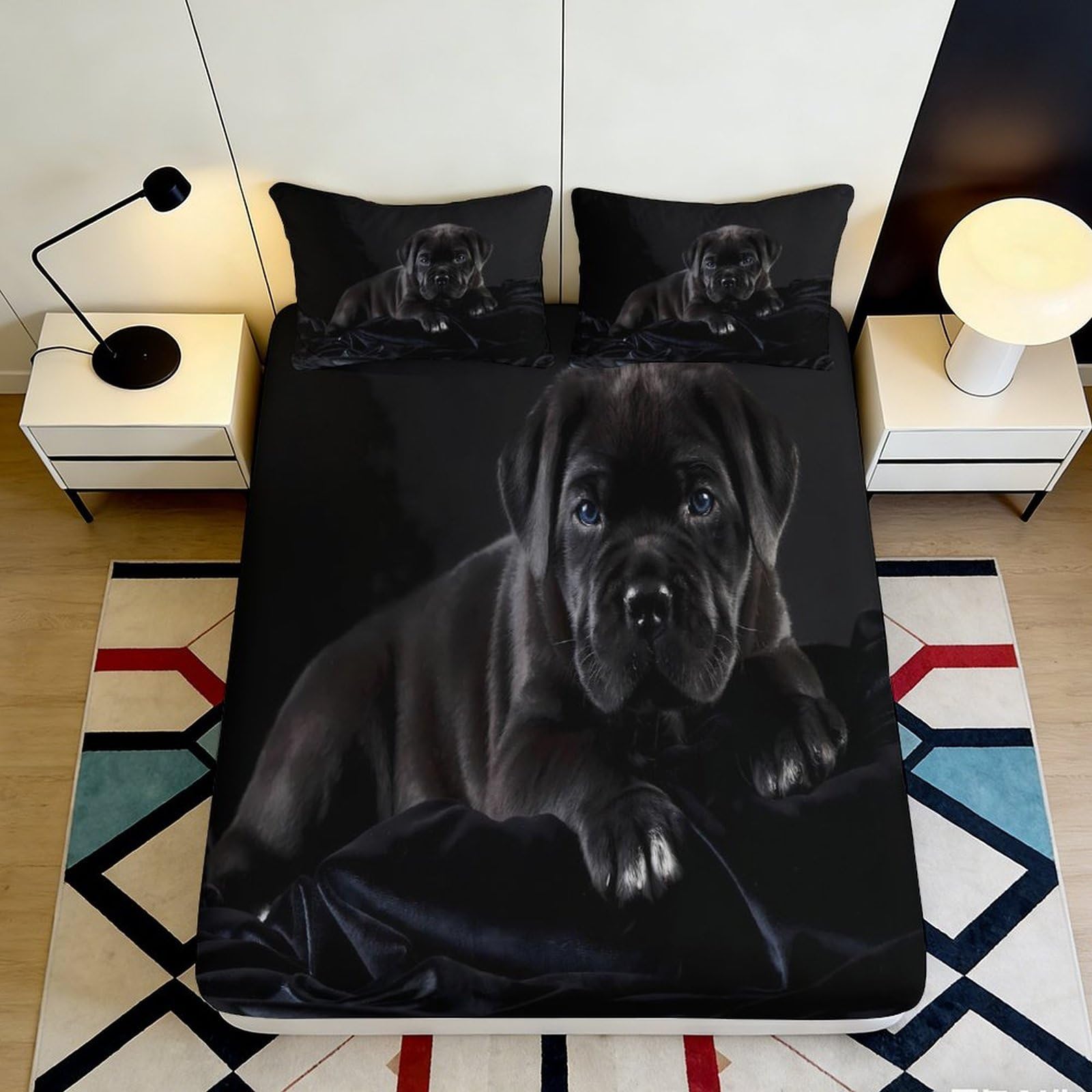 3D Printed Black Puppy Fitted Sheet Microfiber Soft Breathable Dog Illustration Bed Cover Bedroom Guest Room Decor 90x200x25cm