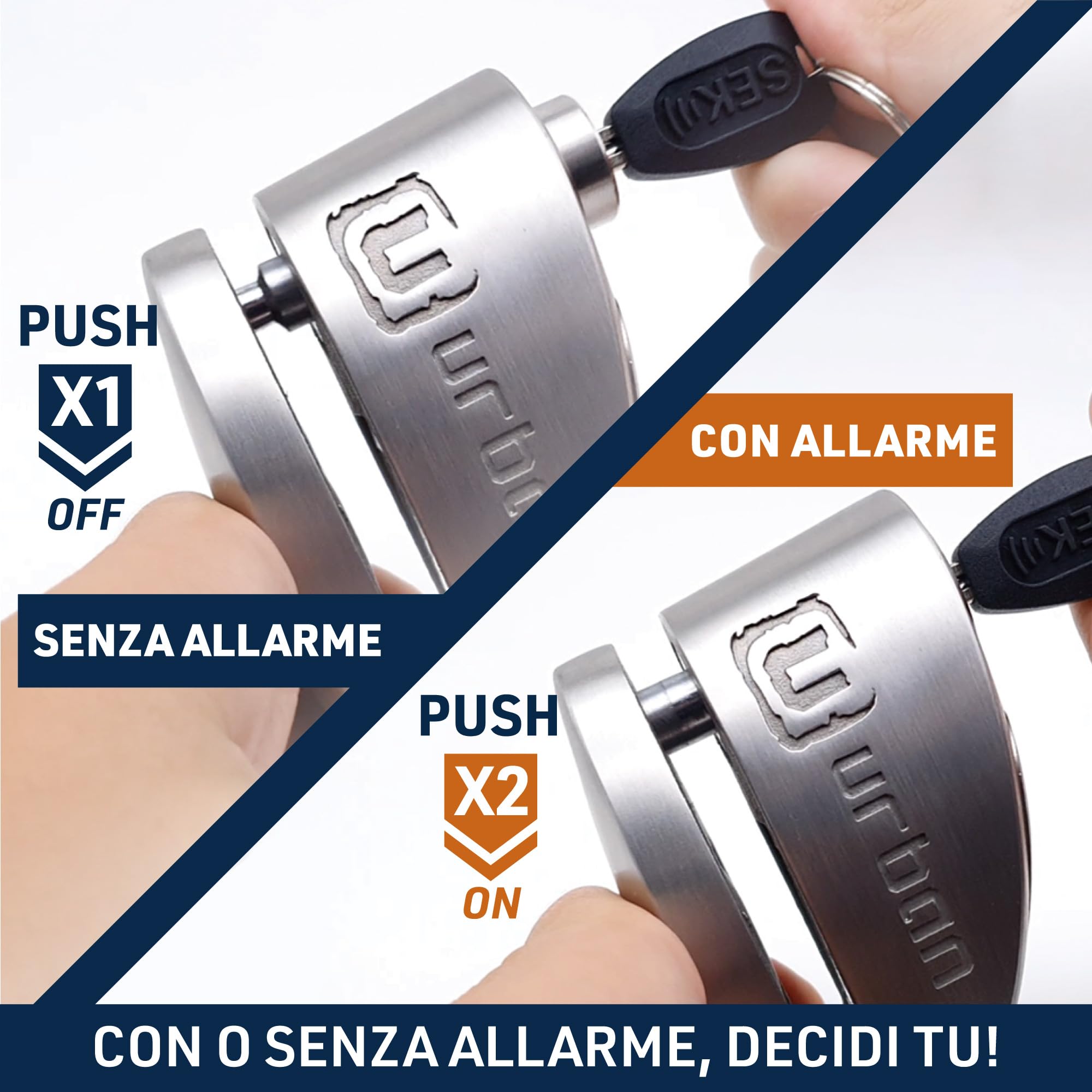 URBAN UR910S Bloccadisco Moto Senza o Con Allarme Omologato SRA et Sold Secure, Doppia Chiusura ø10 Acciaio Indurito di Alta Sicurezza, Cavo Promemoria, Lucchetto Antifurto Blocca Disco Moto, Scooter