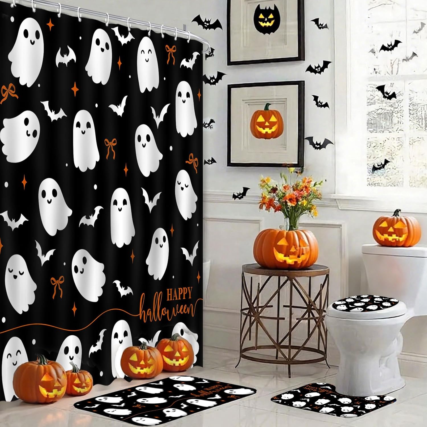 4Pcs Halloween Shower Curtain Set Black Spooky Bow Ghost Shower Curtain Set for Halloween Bathroom Decor with Anti-Slip Waterproof Bathtub Bathroom Rugs Toilet Lid Cover