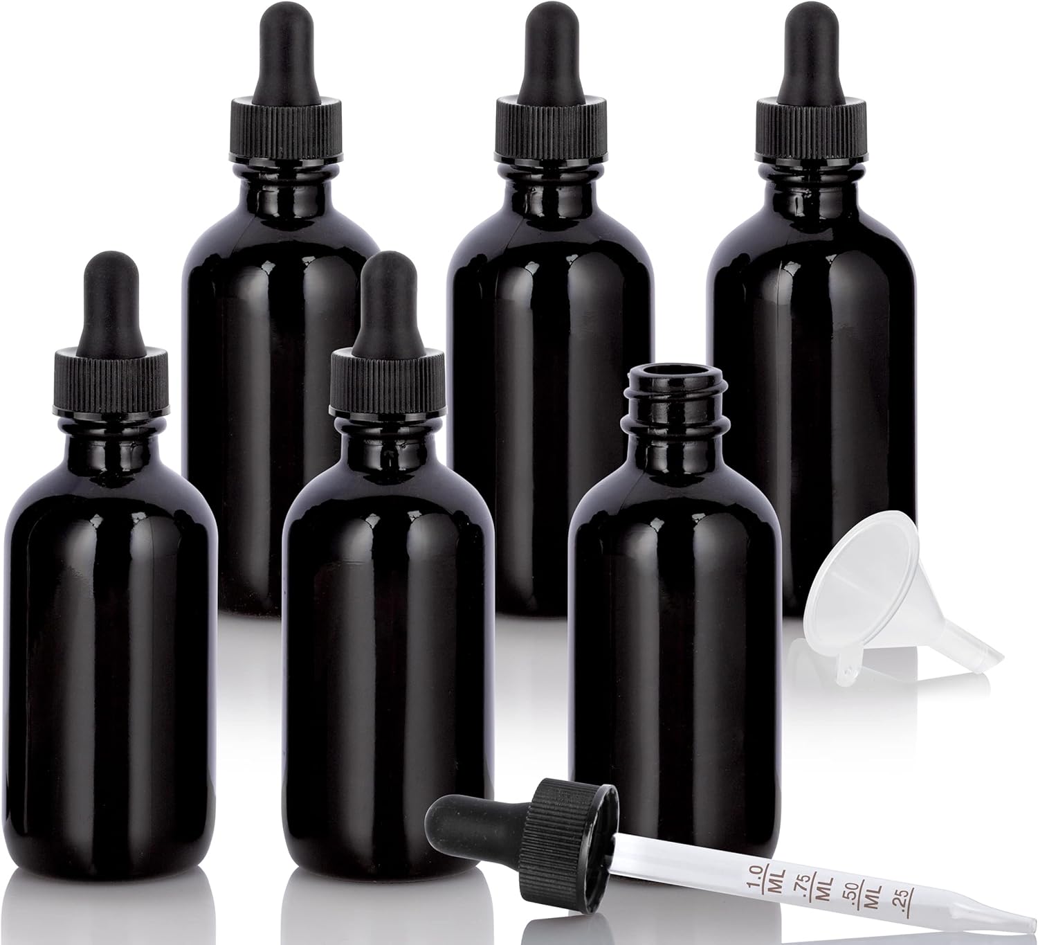 JUVITUS 2 oz / 60 ml Black Glass Boston Round Bottle with Graduated Measurement Glass Dropper (6 Pack) + Funnel