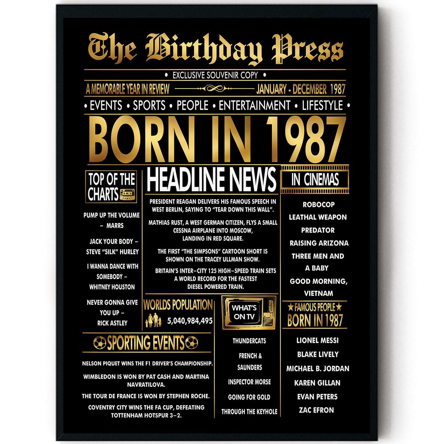 Stuff4 Men's 1987 Gold 39Th Birthday Poster Framed, Golden Born In Newspaper