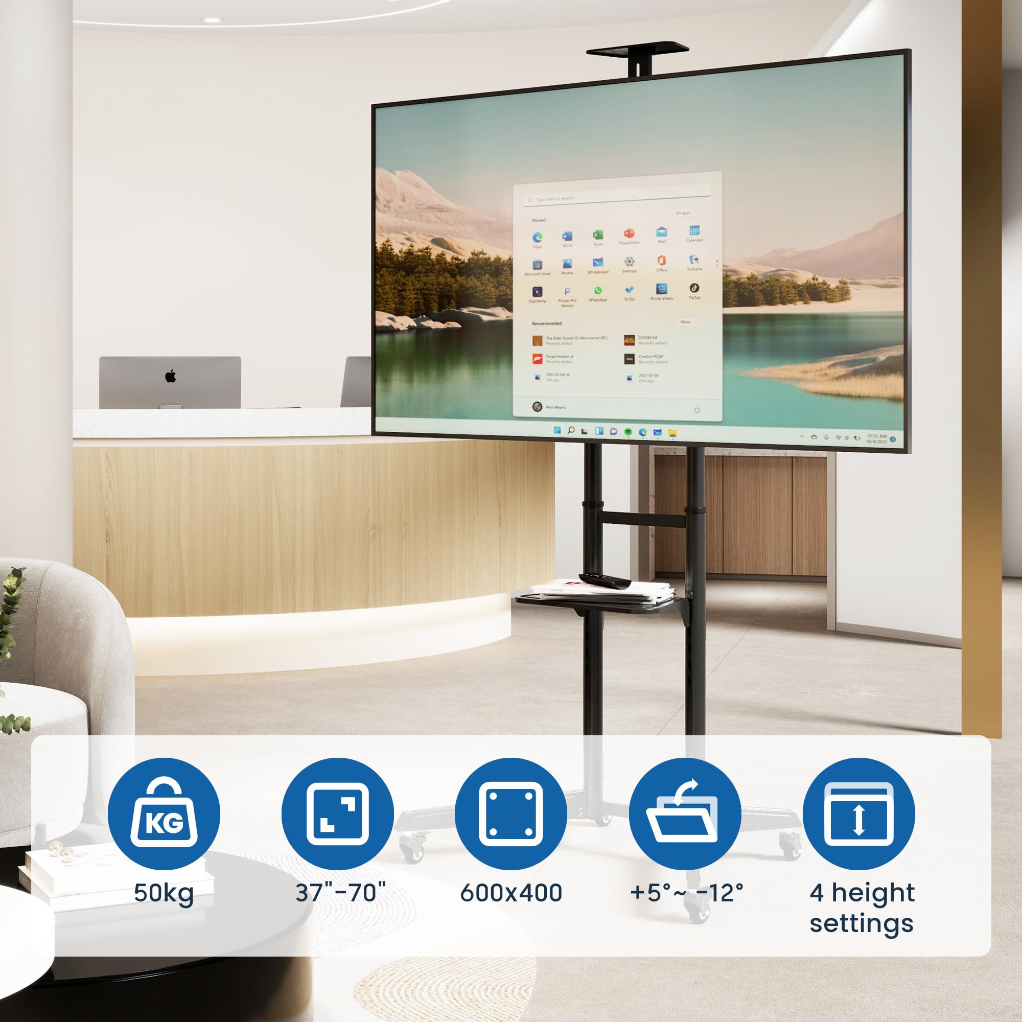 Soporte de TV de Pie con Ruedas Ewent, Carro para Televisores de 37-70" Máx.50kg, Soporte de TV Ajustable, Inclinable y Móvil,Máx. VESA 600x400mm, Gestión de Cables, con Estante y Base para Habitación