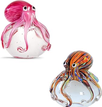 EUSTUMA Hand Blown Glass Octopus Figurine Ornament,Sea Animals Collection for Birthday Gift,Glass Office Paperweight for Desk.
